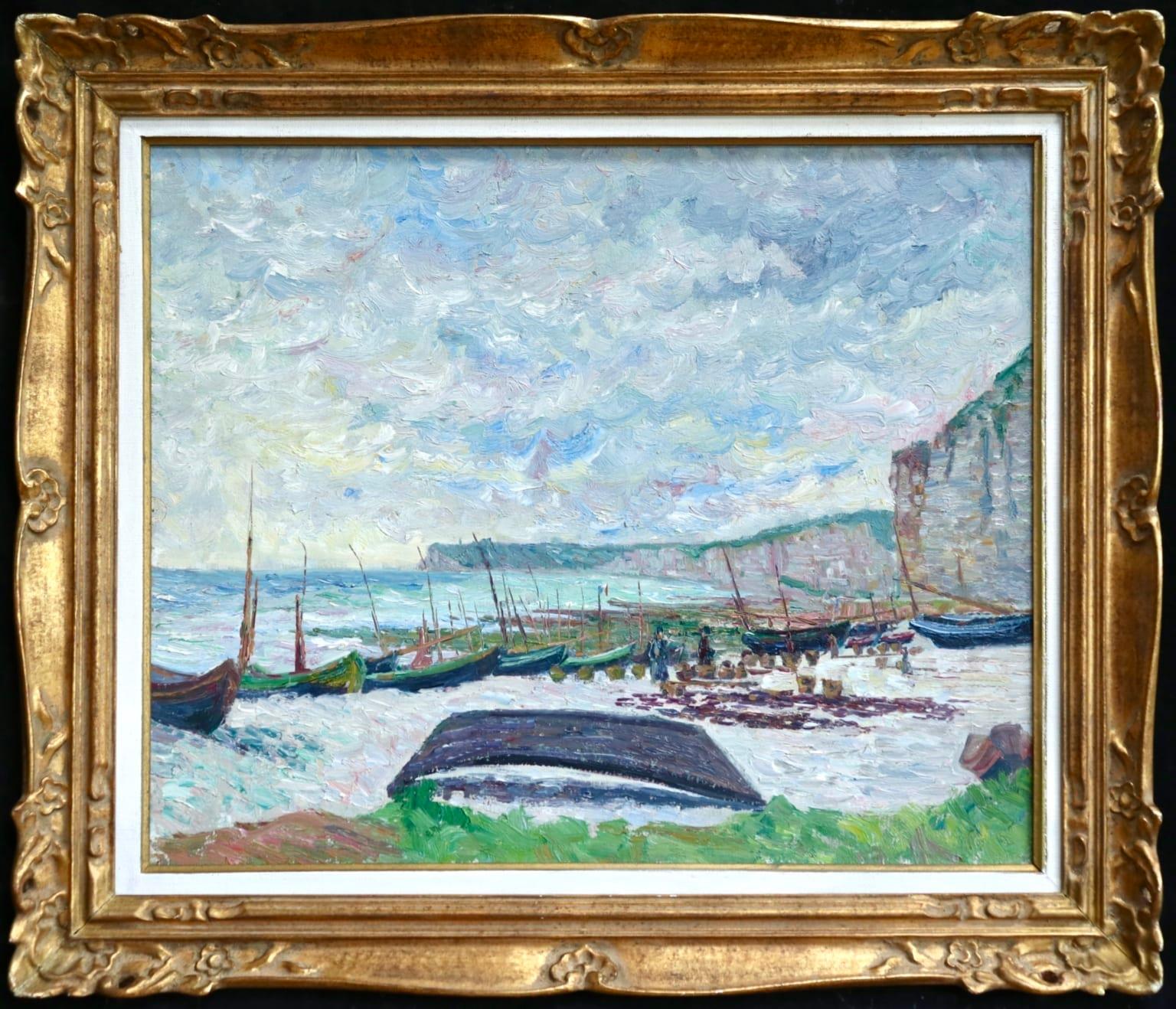 Falaises a Saint-Pierre-en-Port - Post-Impressionist Oil, Boats by B Klene - Painting by Bernhard Klène