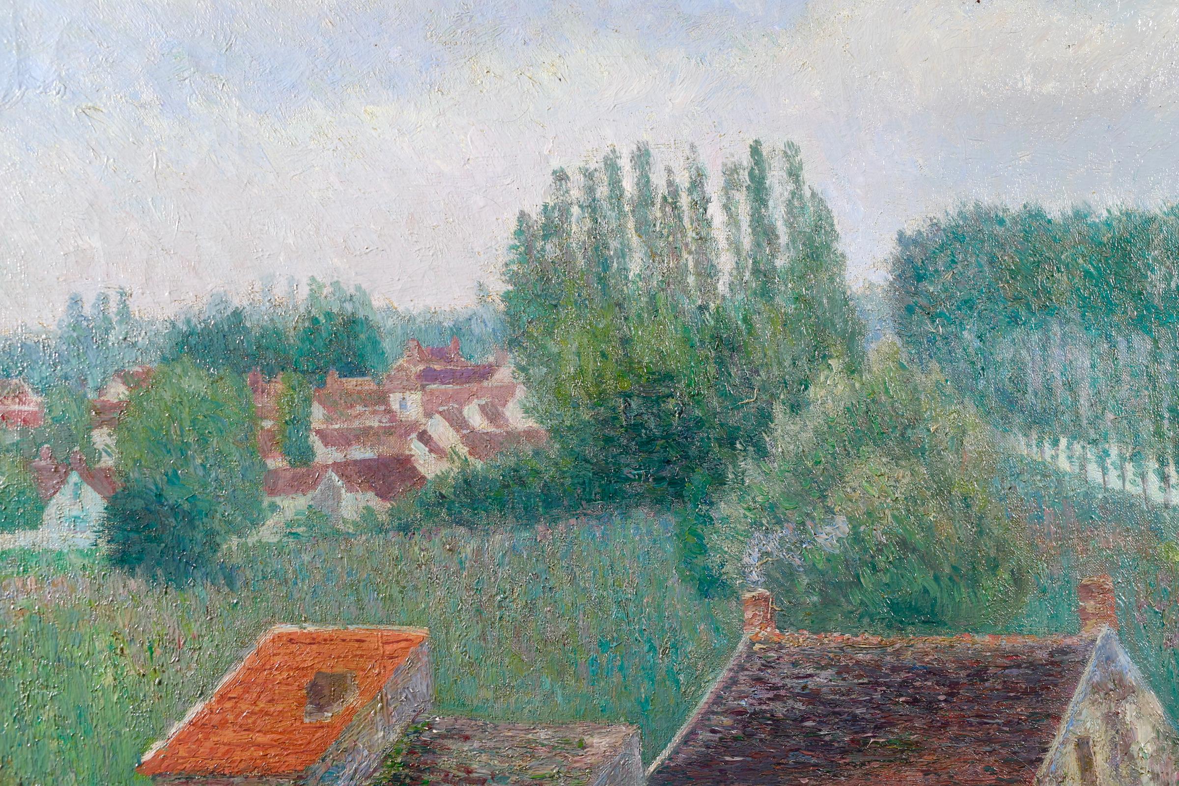 A beautiful large oil on canvas by the Flemish impressionist painter Bernardus Klene. The work depicts a wonderful green landscape of the town of Moret-sur-Loing in France with a farmhouse in the foreground the canal to the right and the rooftops of