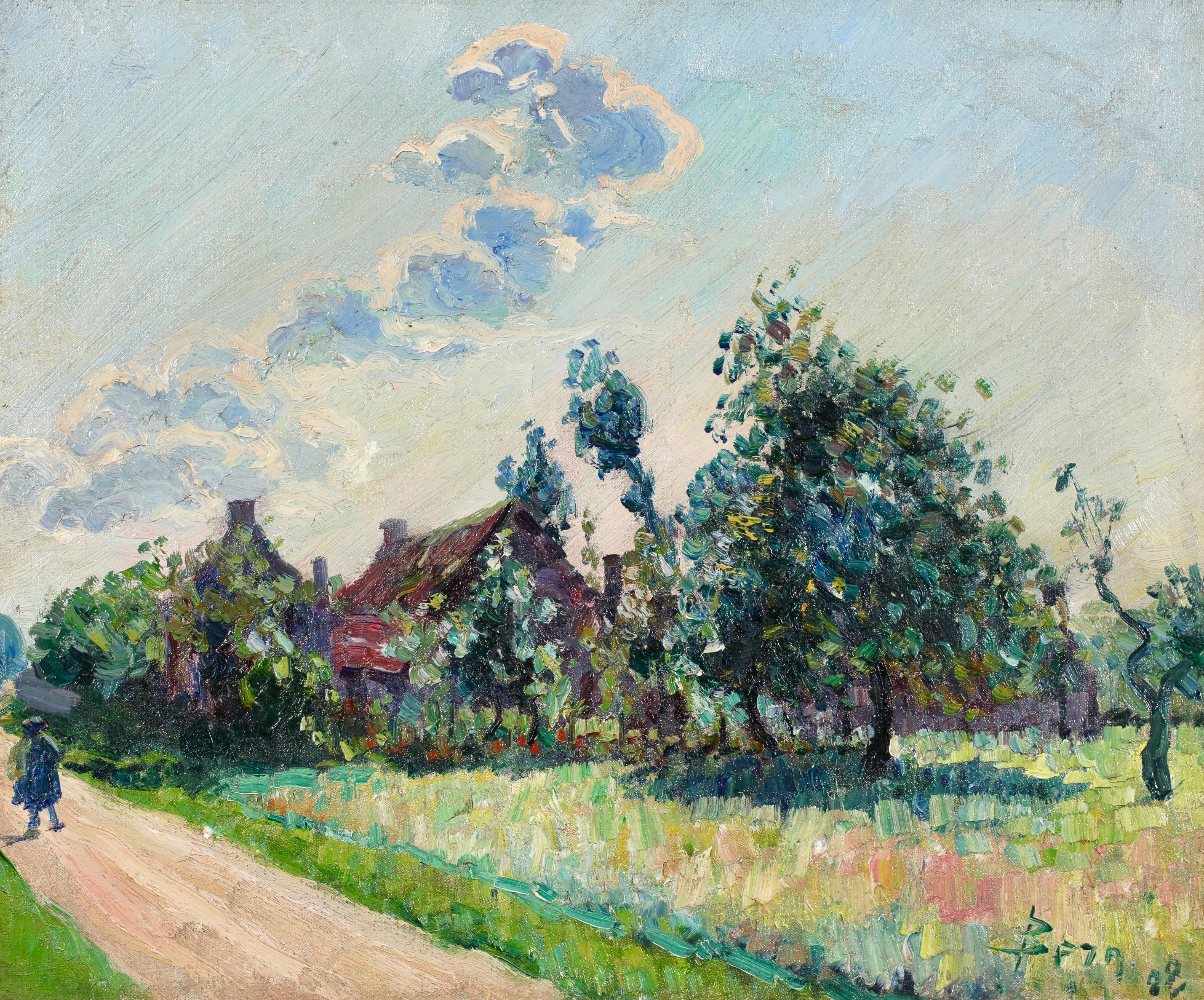 L'entree du village - Postimpressionistische Landschaft Öl von Bernardus Klene – Painting von Bernhard Klène