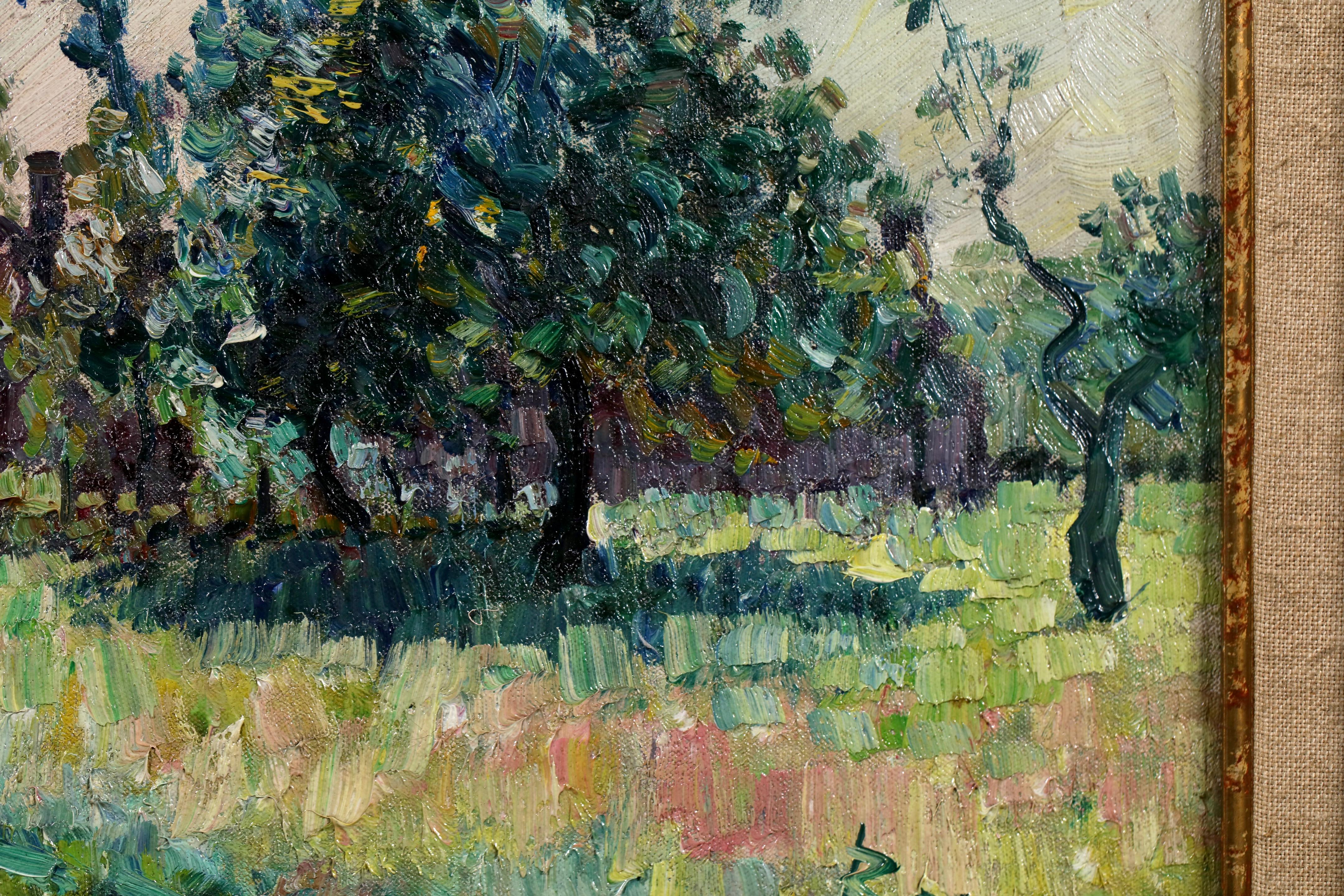 L'entree du village - Postimpressionistische Landschaft Öl von Bernardus Klene (Post-Impressionismus), Painting, von Bernhard Klène