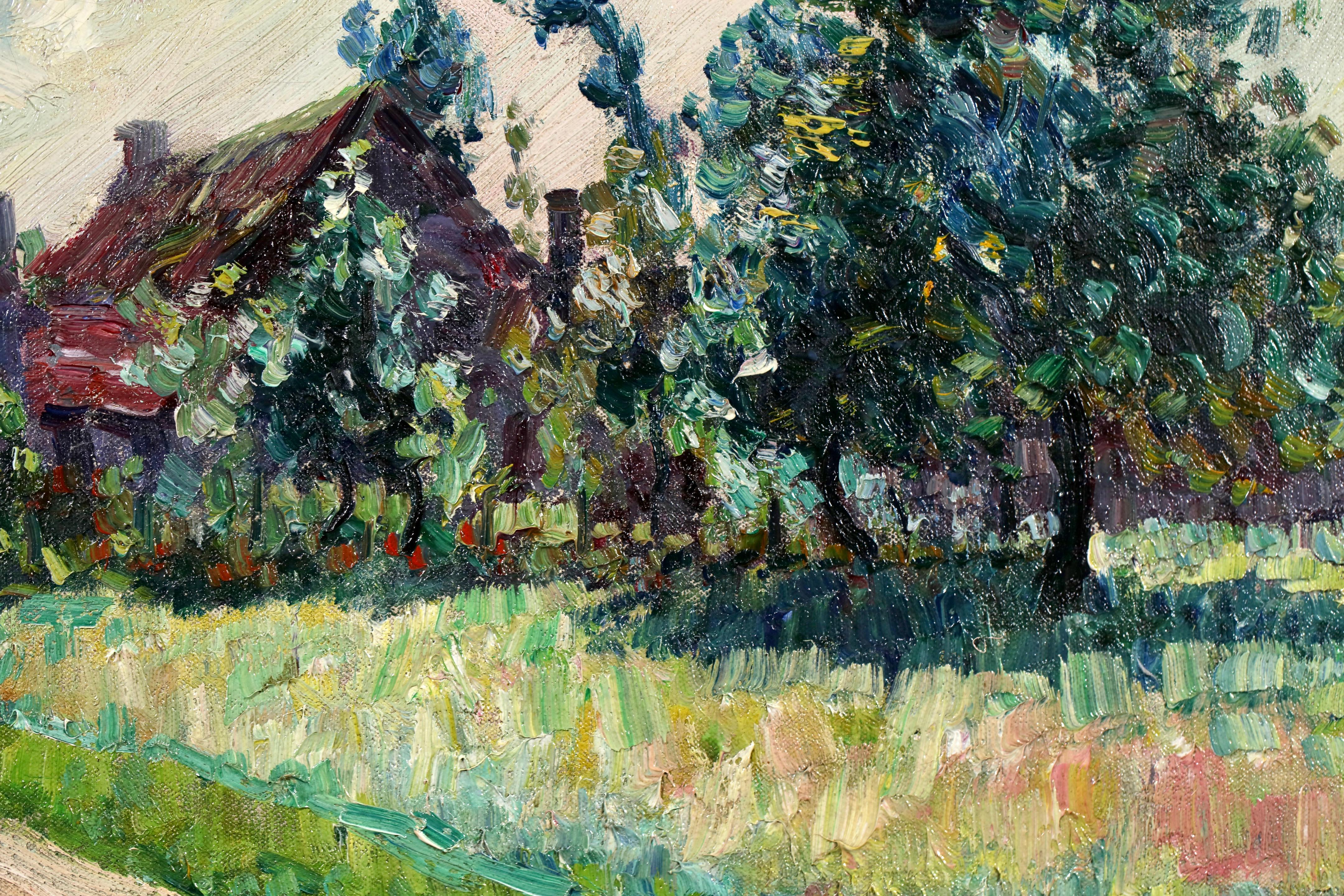 L'entree du village - Postimpressionistische Landschaft Öl von Bernardus Klene (Braun), Figurative Painting, von Bernhard Klène