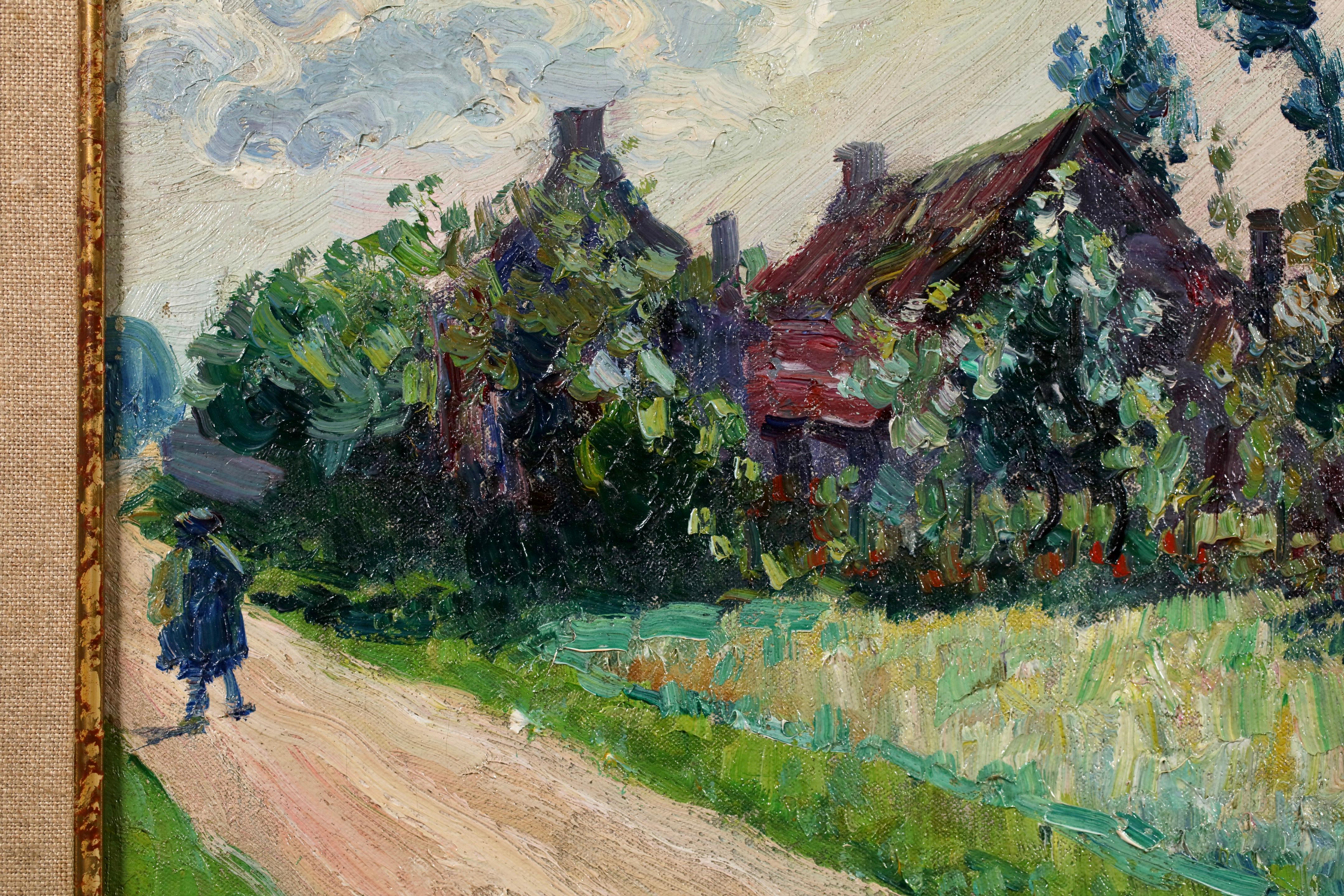 Signiert und datiert Öl auf Leinwand Landschaft von flämischen postimpressionistischen Maler Bernardus Henricus Klene. Das Werk zeigt einen Blick auf einen Weg, der an einem Sommertag zu einem Dorf führt. Auf der rechten Seite des Weges stehen Bäume
