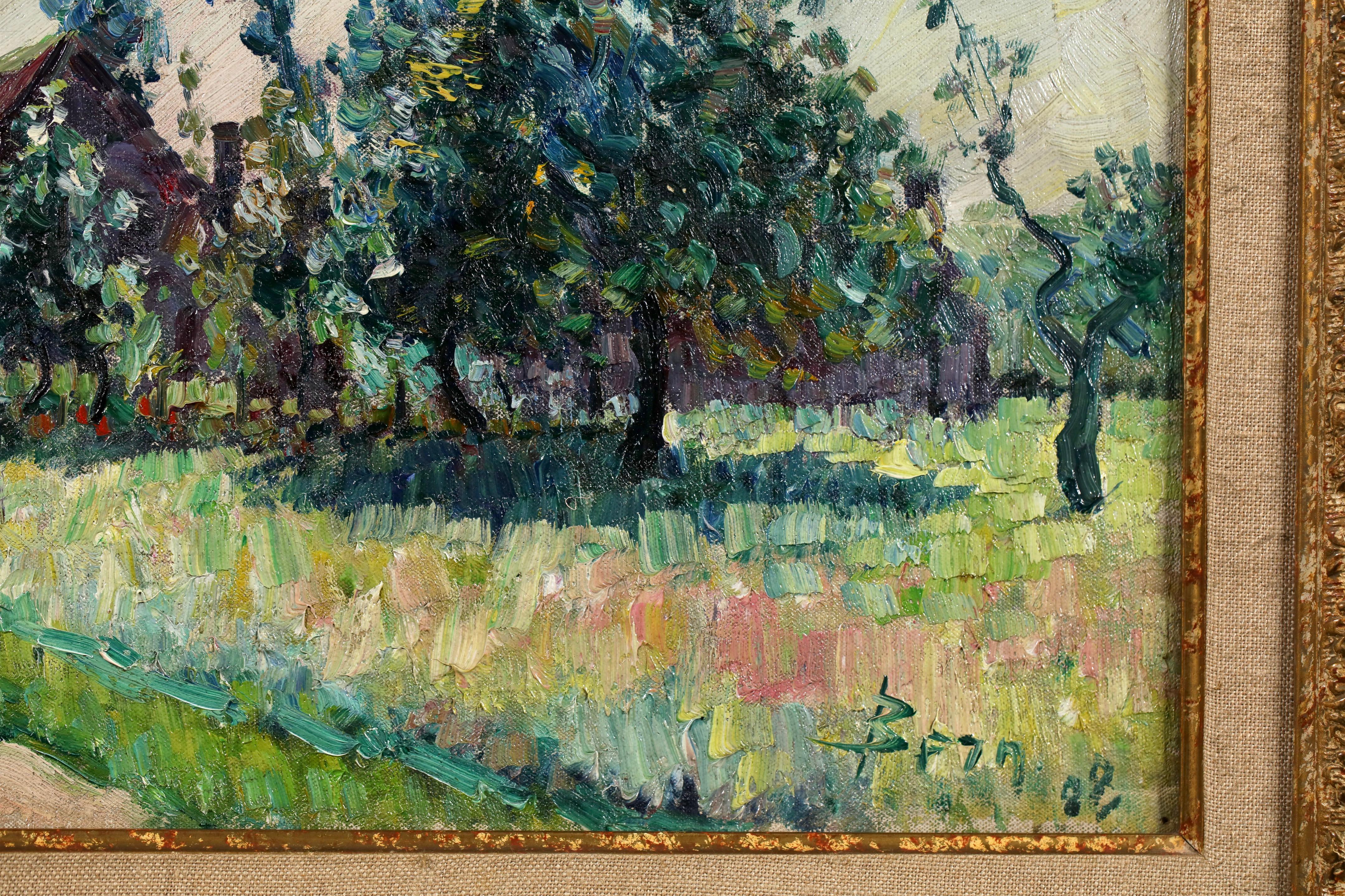 L'entree du village - Postimpressionistische Landschaft Öl von Bernardus Klene im Angebot 1