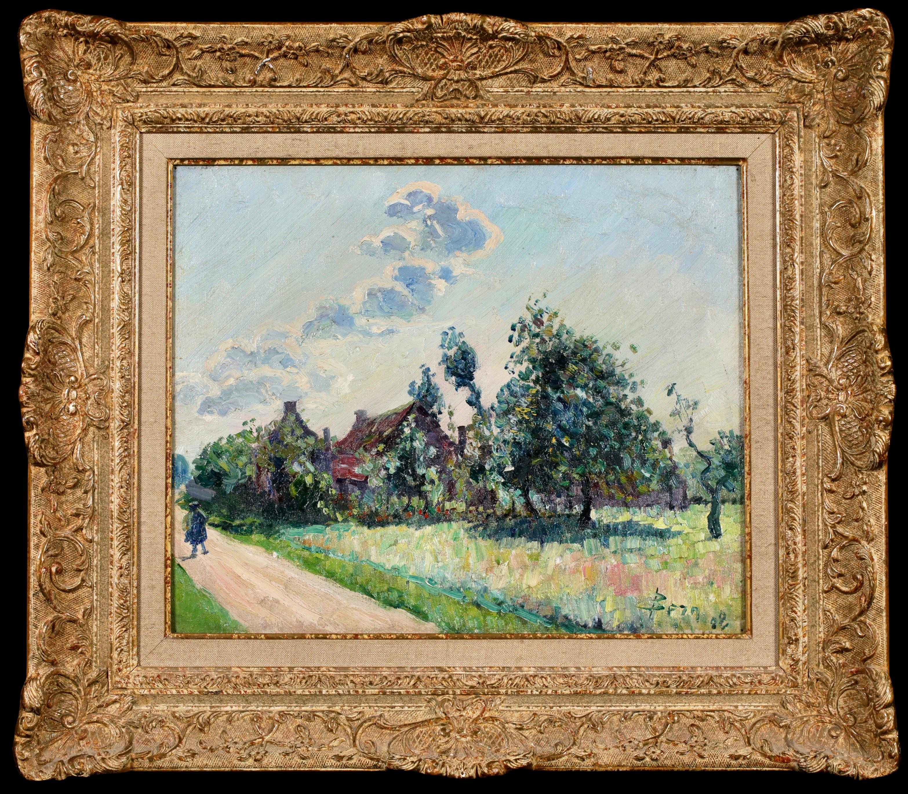 Bernhard Klène Figurative Painting – L'entree du village - Postimpressionistische Landschaft Öl von Bernardus Klene