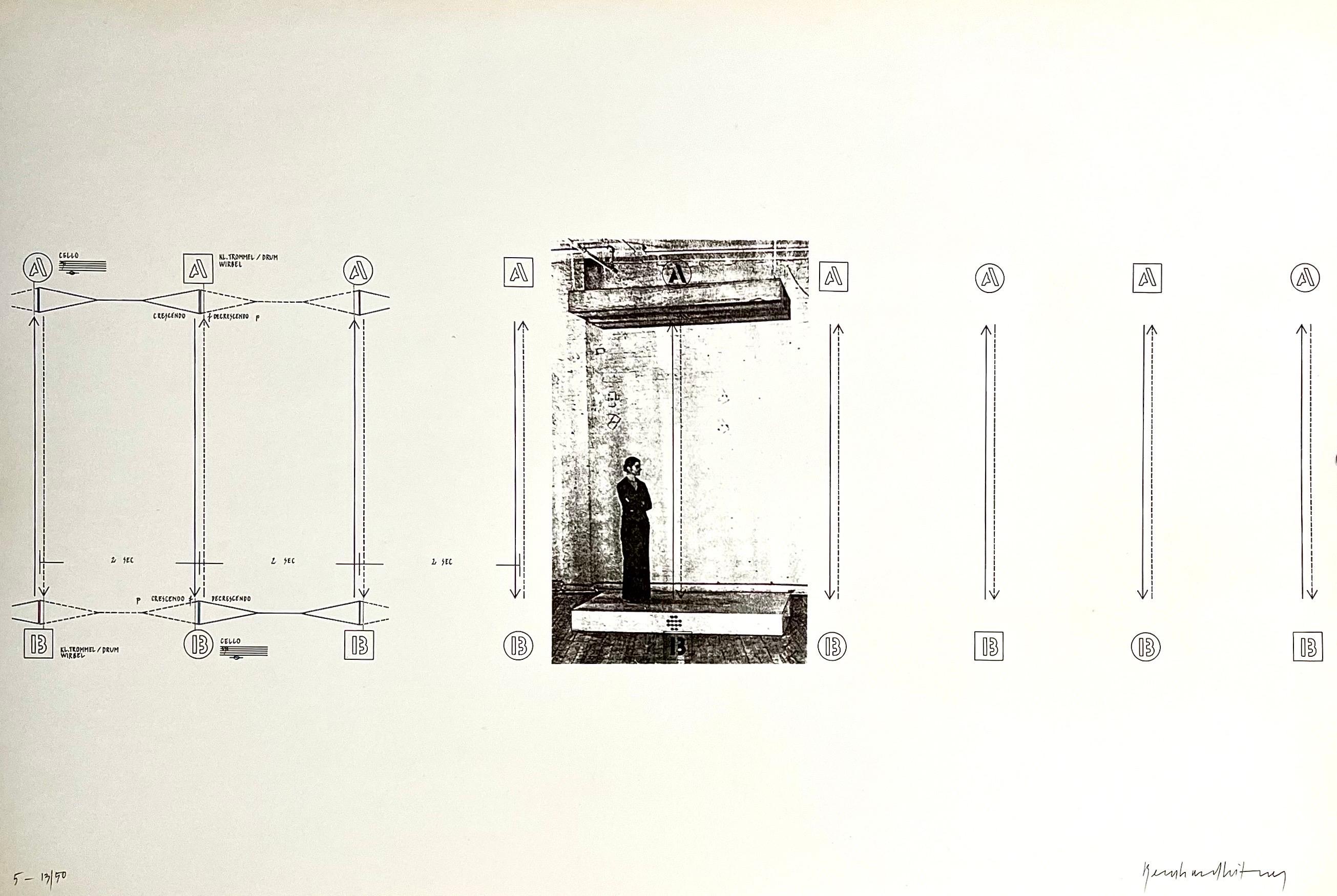 Bernhard Leitner, (Österreicher, 1938) 
Aus einer Mappe "Klang : Raum"  "Ton : Raum"
Selbstverlag des Künstlers, 1975/1976, 
Limitierte Auflage von 50 Stück
Vom Künstler mit Bleistift signiert.

Nach Angaben seiner Galerie handelt es sich um ein