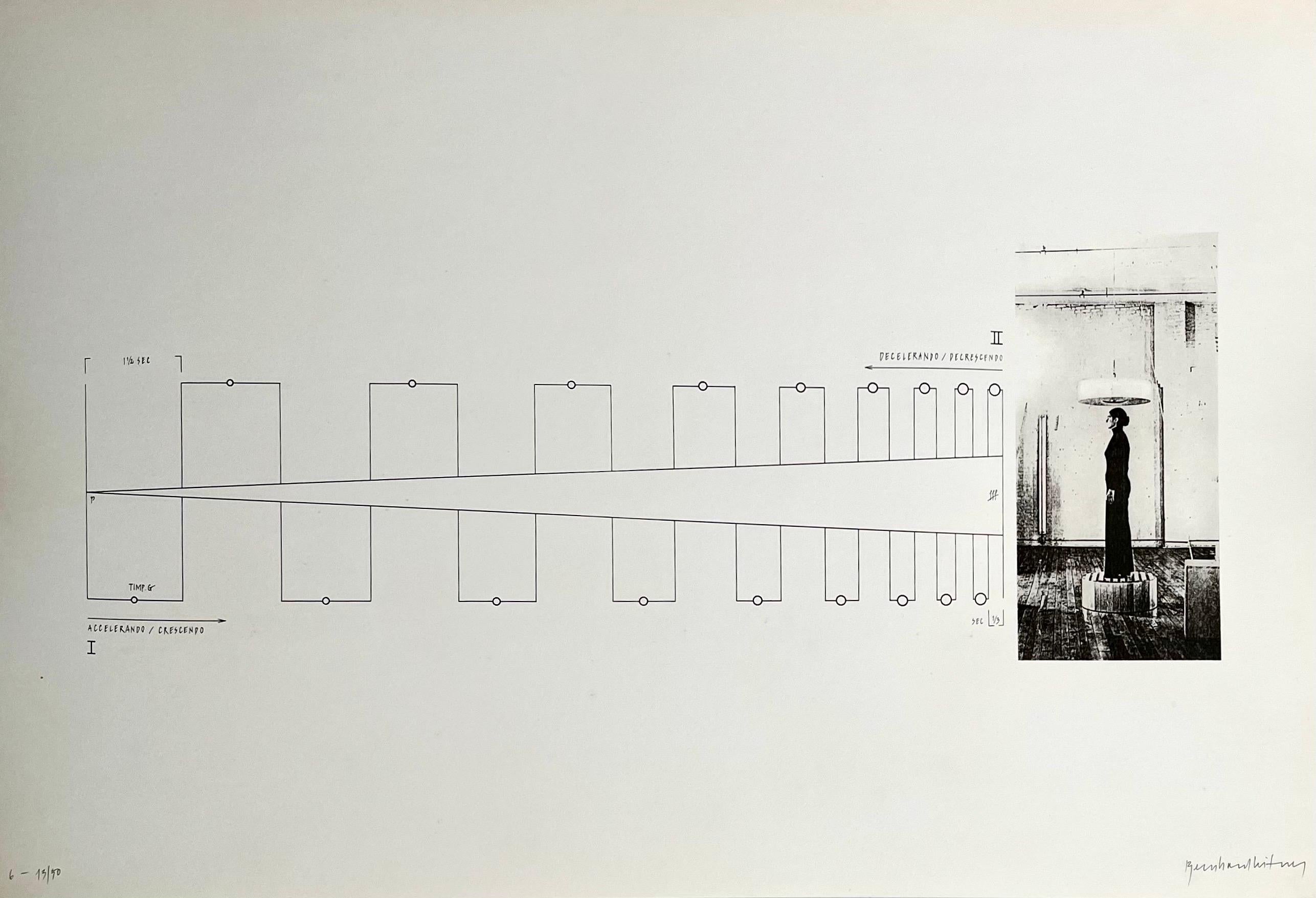 Bernhard Leitner, (Österreicher, 1938) 
Aus einer Mappe "Klang : Raum"  "Ton : Raum"
Selbstverlag des Künstlers, 1975/1976, 
Limitierte Auflage von 50 Stück
Vom Künstler mit Bleistift signiert.

Nach Angaben seiner Galerie handelt es sich um ein