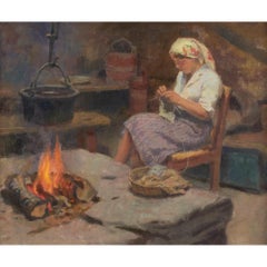Bernhard Oscarsson, Interior Scene With Woman Knitting, Oil Painting