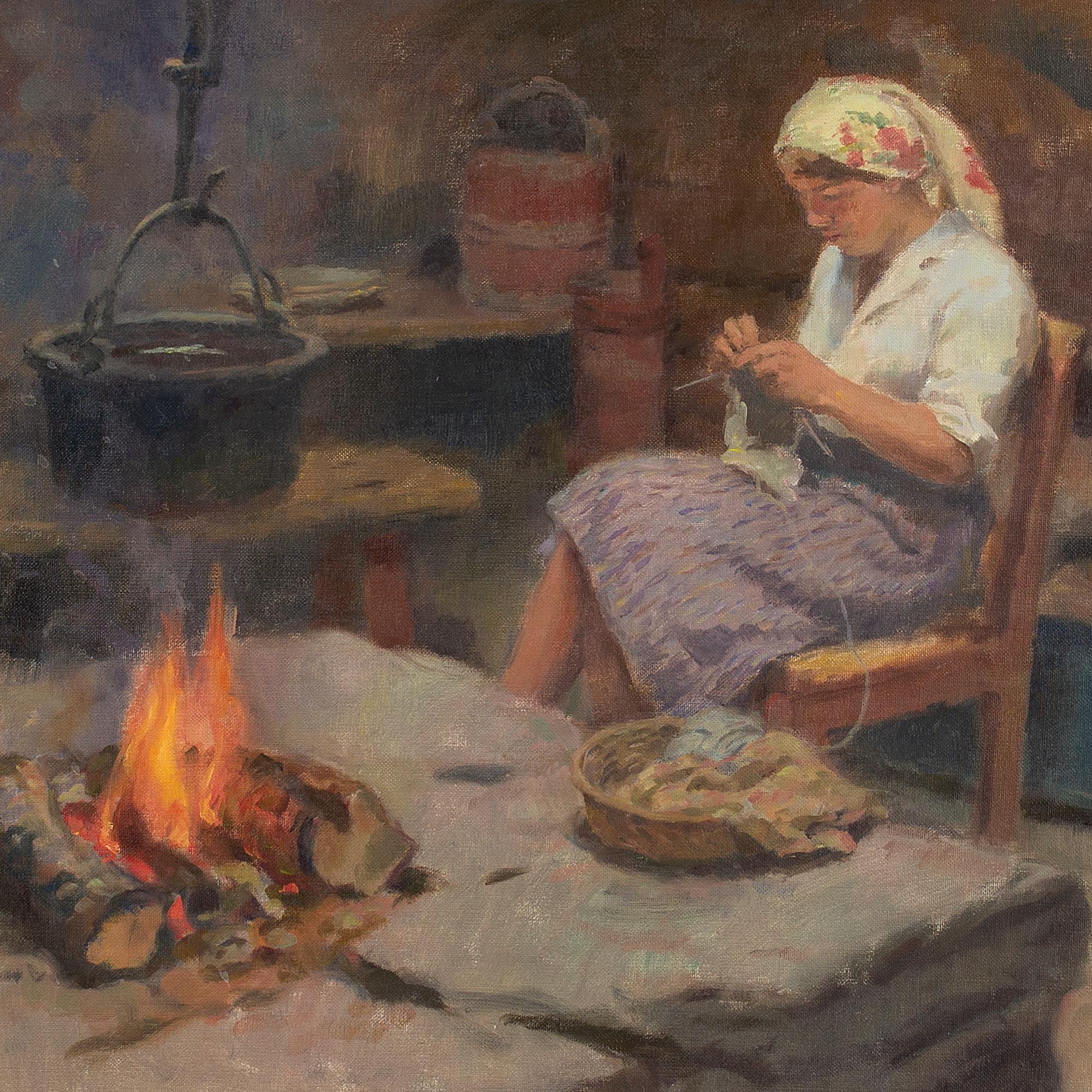 This gentle 20th-century interior scene by Bernhard Oscarsson (1894-1977) depicts a woman knitting within a farmhouse kitchen. It carries a relaxing mood and celebrates the joys of rustic simplicity.

Established in 2017, Brave Fine Art is a premier