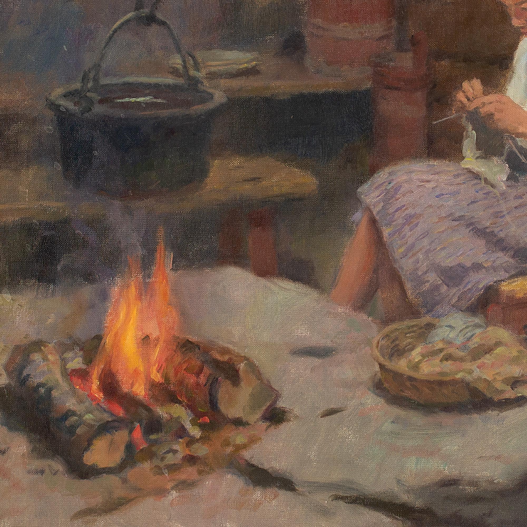 Bernhard Oscarsson, Interior Scene With Woman Knitting, Oil Painting 1