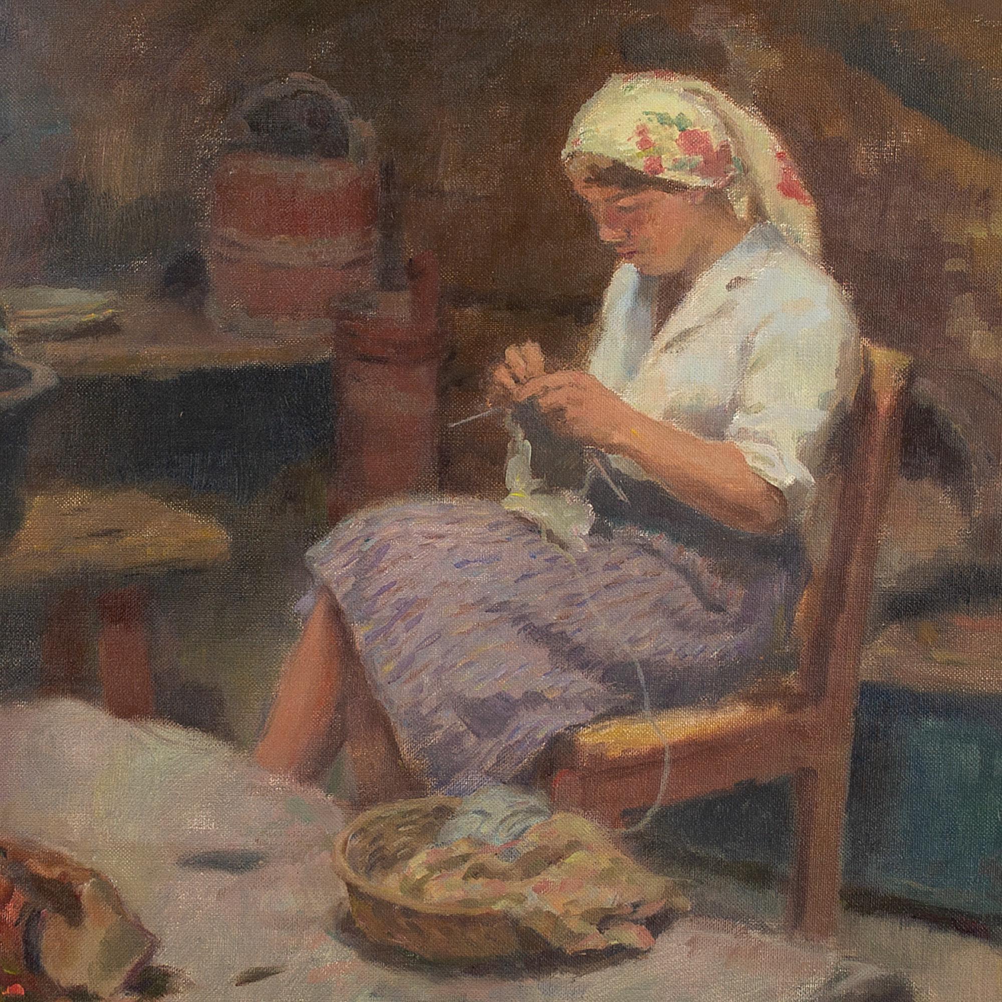 Bernhard Oscarsson, Interior Scene With Woman Knitting, Oil Painting 2