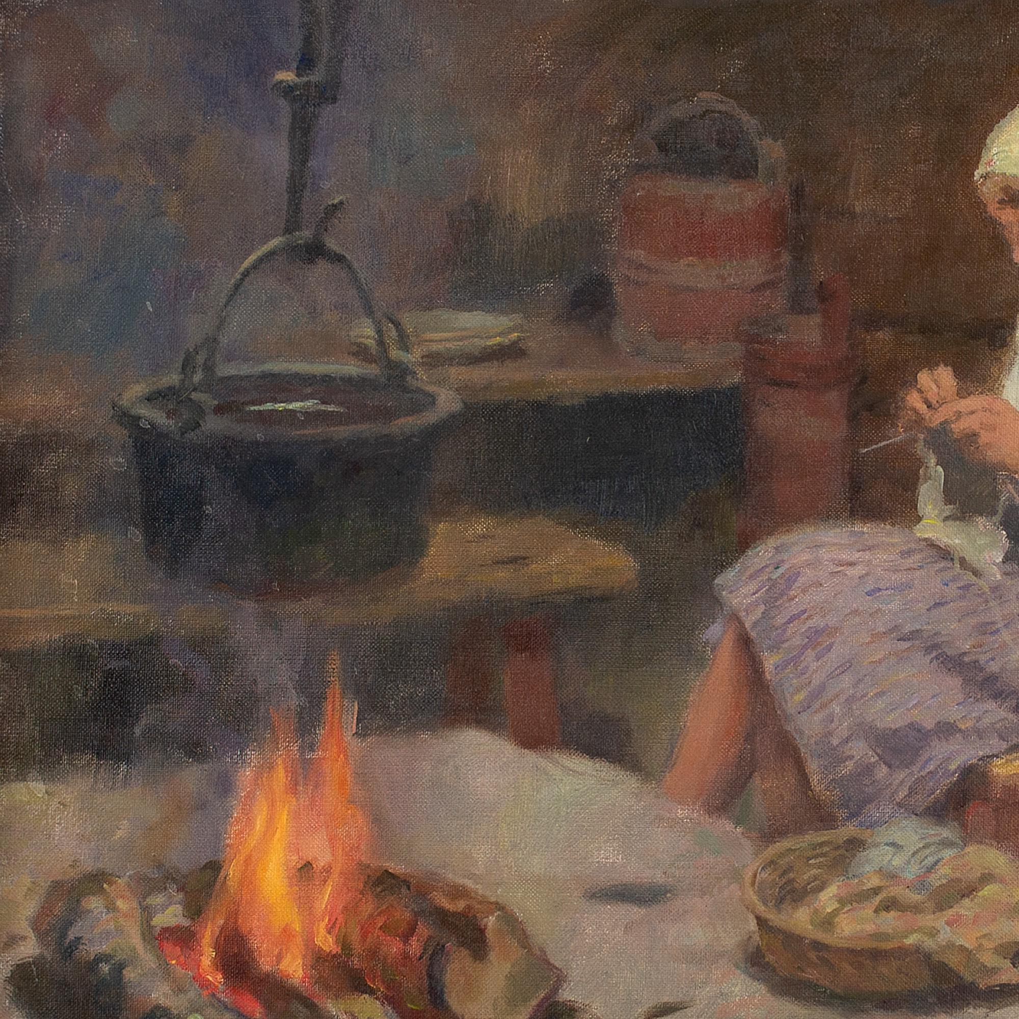 Bernhard Oscarsson, Interior Scene With Woman Knitting, Oil Painting 3