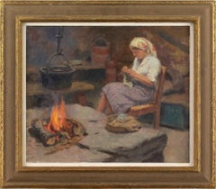 Bernhard Oscarsson, Interior Scene With Woman Knitting, Oil Painting