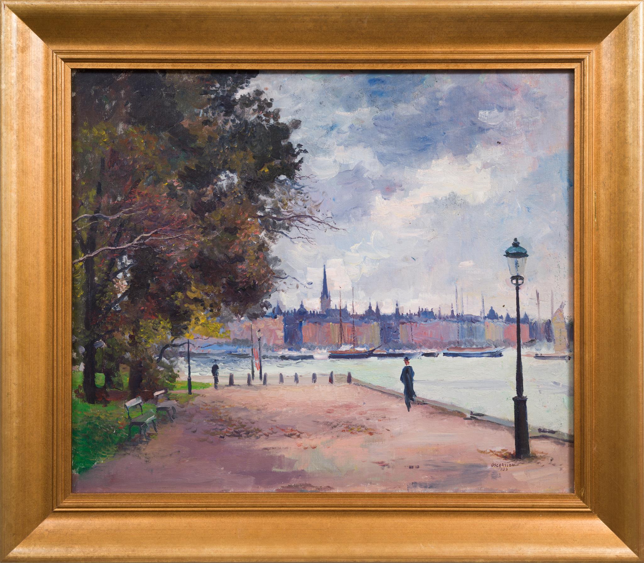 This painting by Bernhard Oscarsson (1894-1977) is a captivating visual narrative of Stockholm's serene beauty. Oscarsson, a student of Caleb Althin's painting school and the Royal Swedish Academy of Fine Arts in Stockholm, honed his craft
