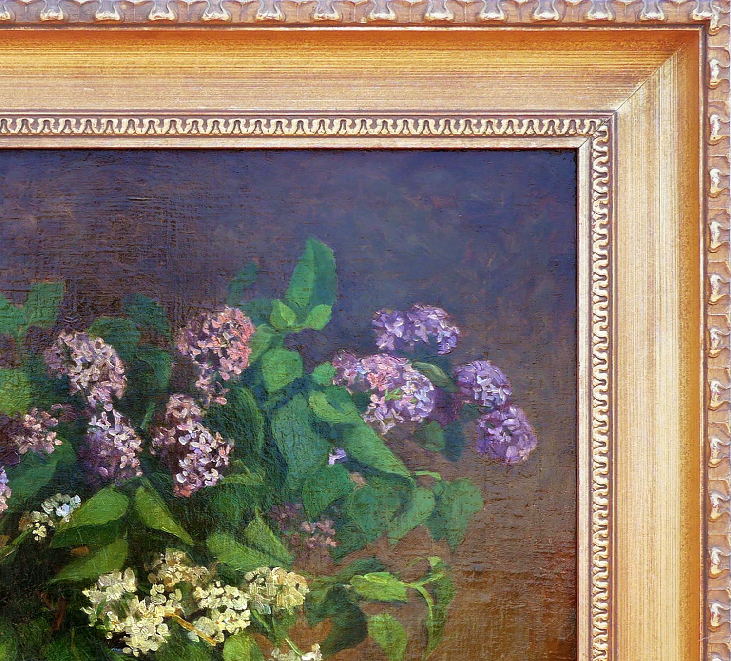 Realistic Purple Hydrangeas Still Life - Brown Still-Life Painting by Bernhard