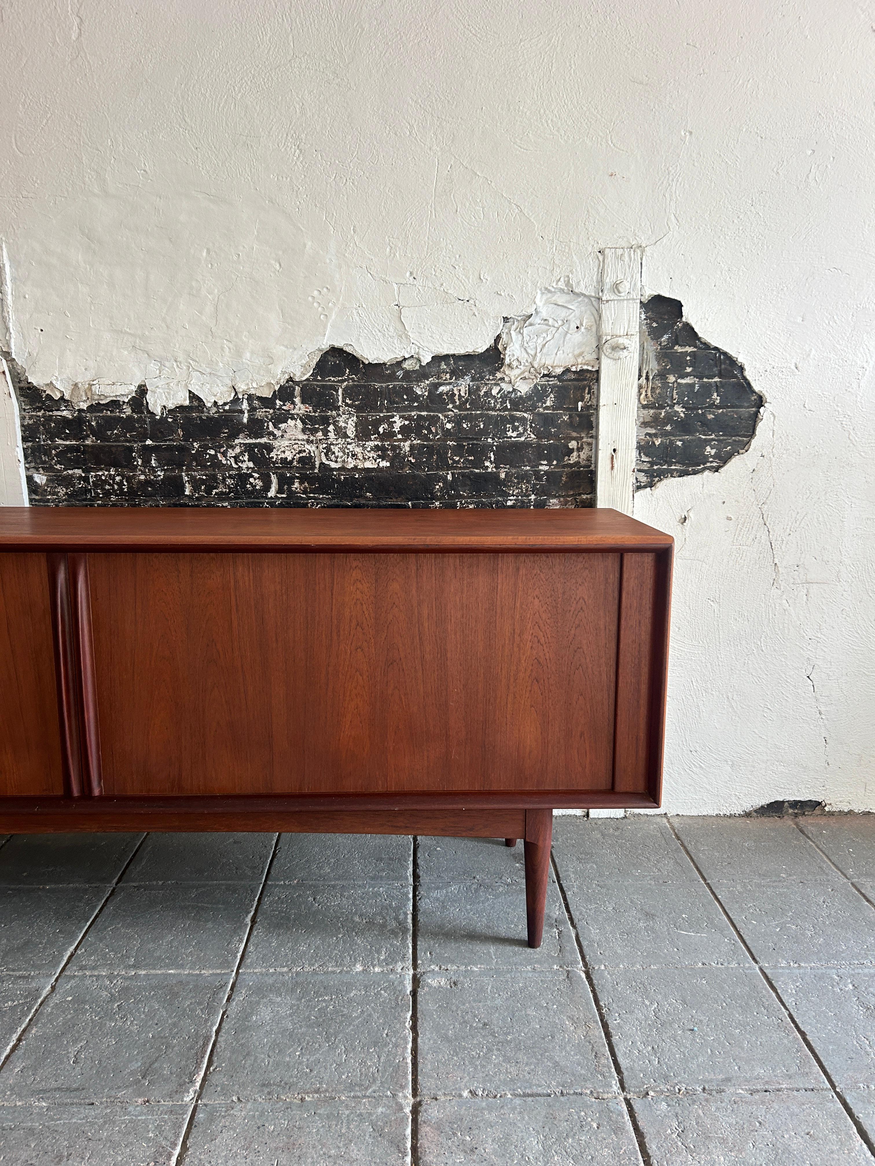 Bernhard Pedersen & Son Mid century Long Danish Teak Credenza Tambour doors In Good Condition In BROOKLYN, NY