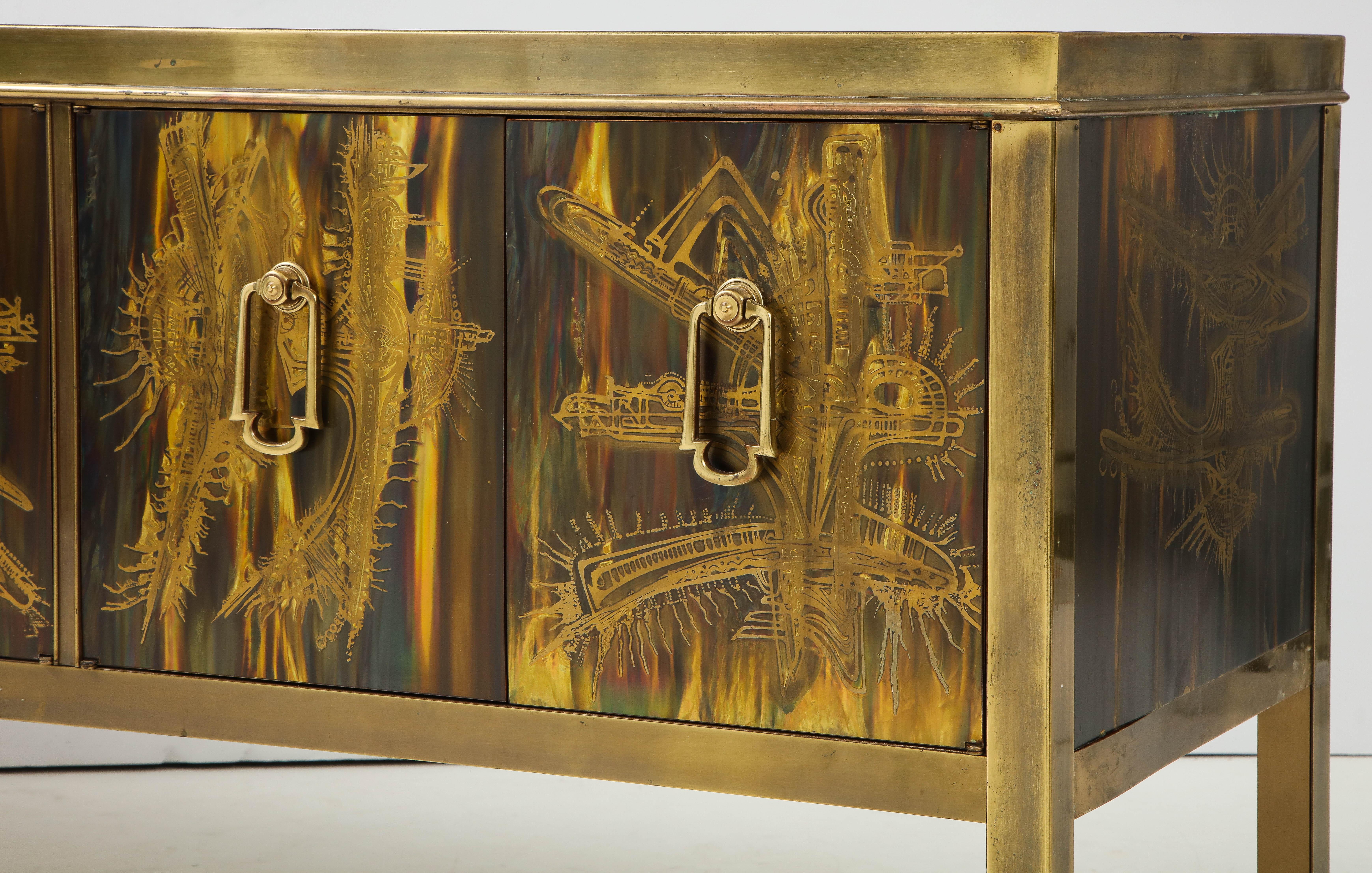 Bernhard Rhone Acid Etched Aged Brass Credenza In Fair Condition In New York, NY