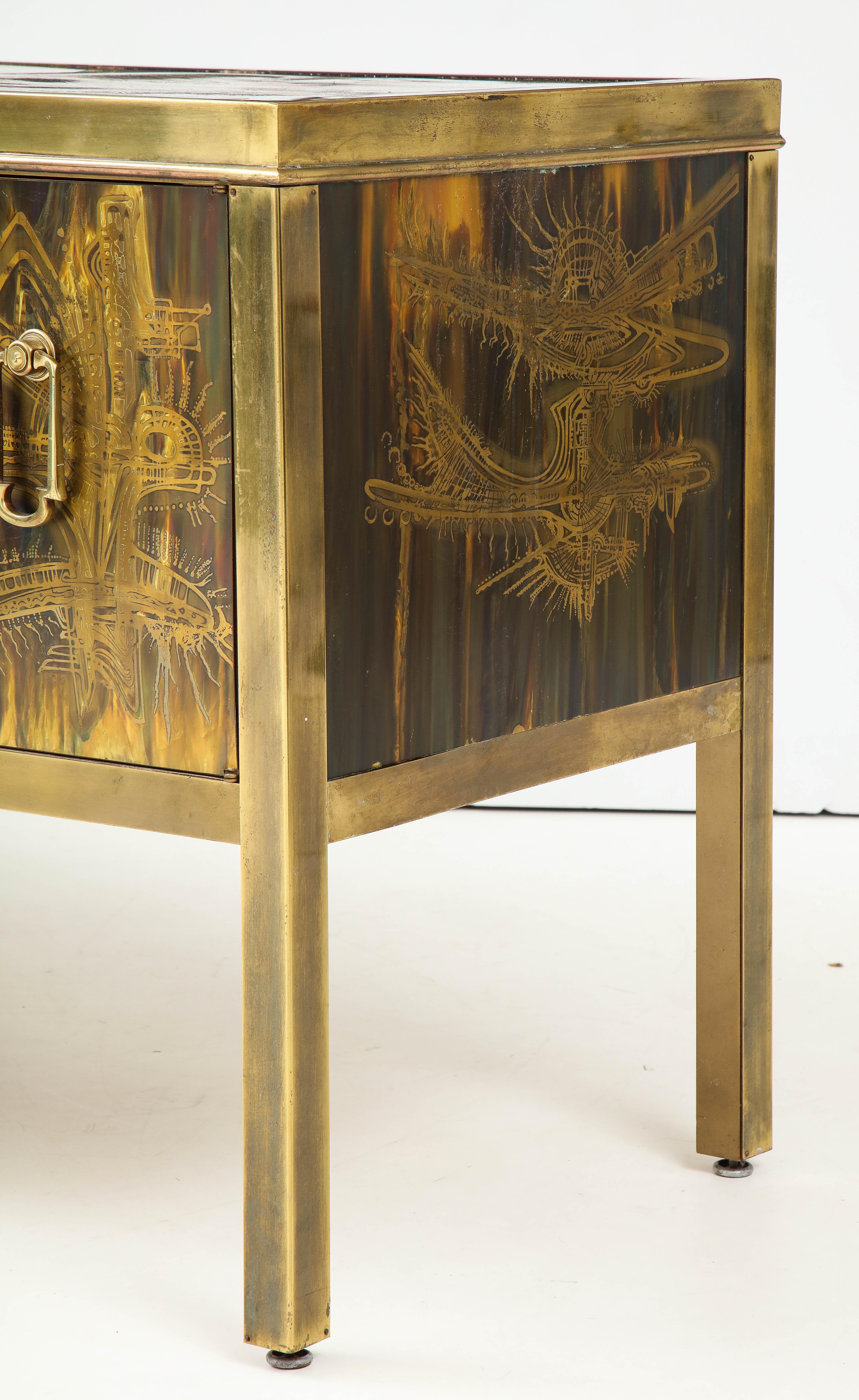 20th Century Bernhard Rhone Acid Etched Aged Brass Credenza