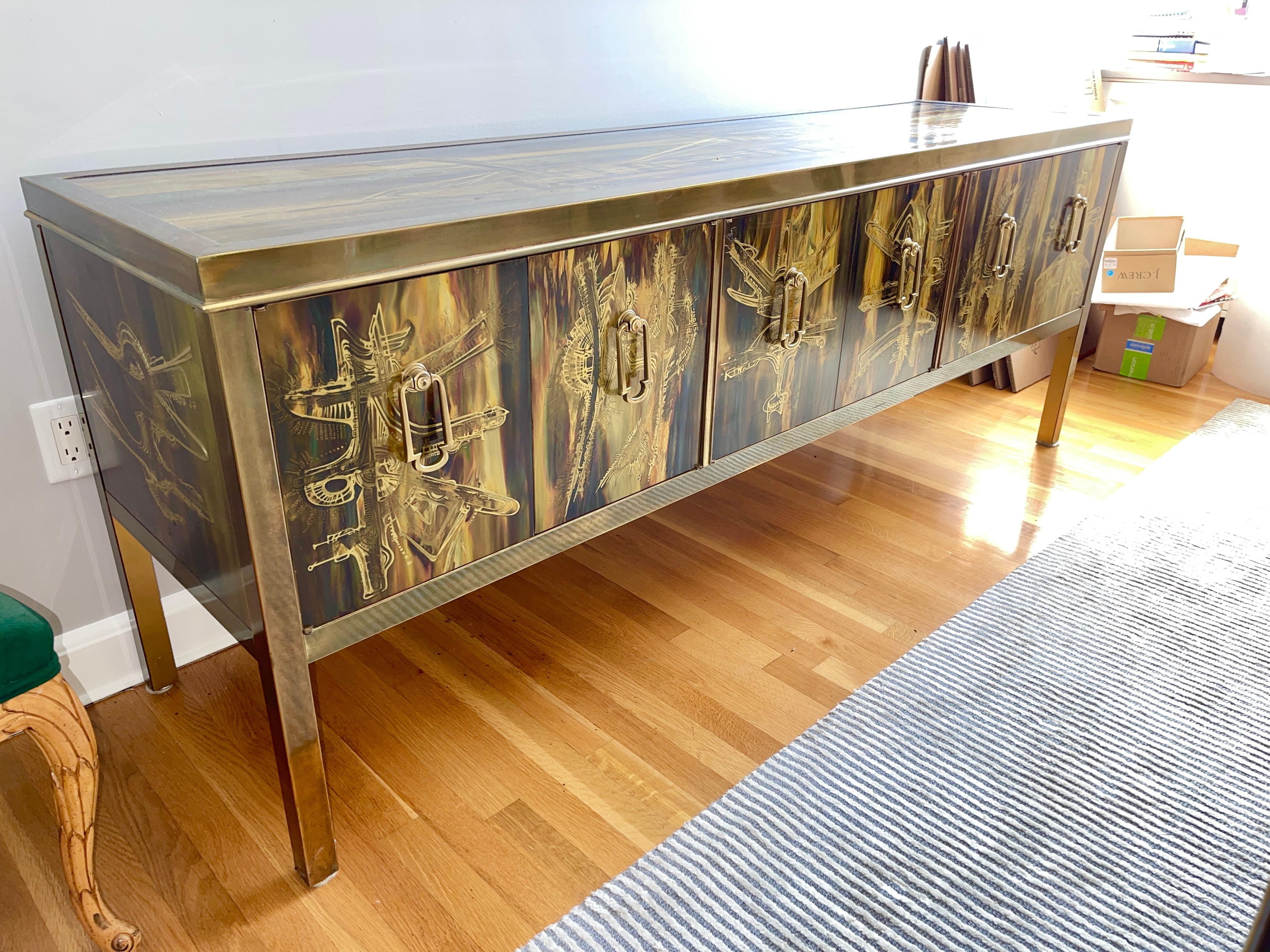 Late 20th Century Bernhard Rohne Acid Etched Brass Buffet by Mastercraft For Sale
