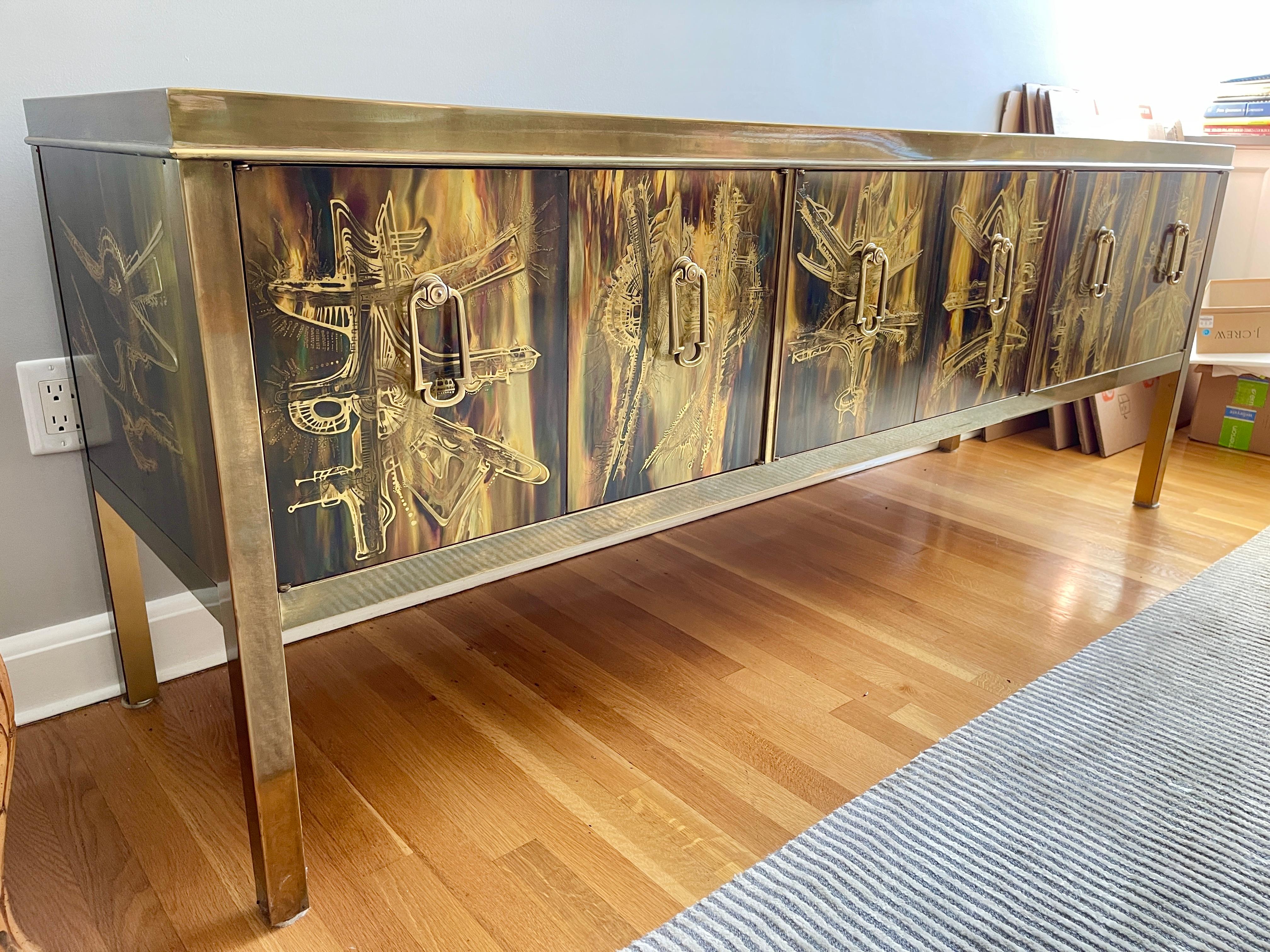 Bernhard Rohne Acid Etched Brass Buffet by Mastercraft For Sale 1