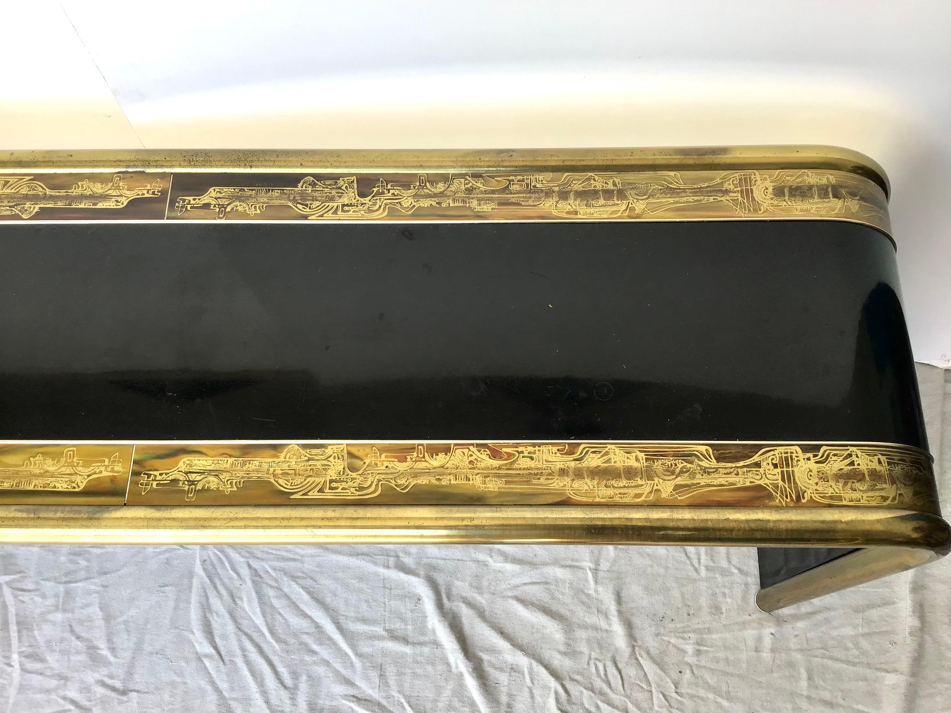 Bernhard Rohne Acid Etched Brass Console Table for Mastercraft In Fair Condition In Bradenton, FL