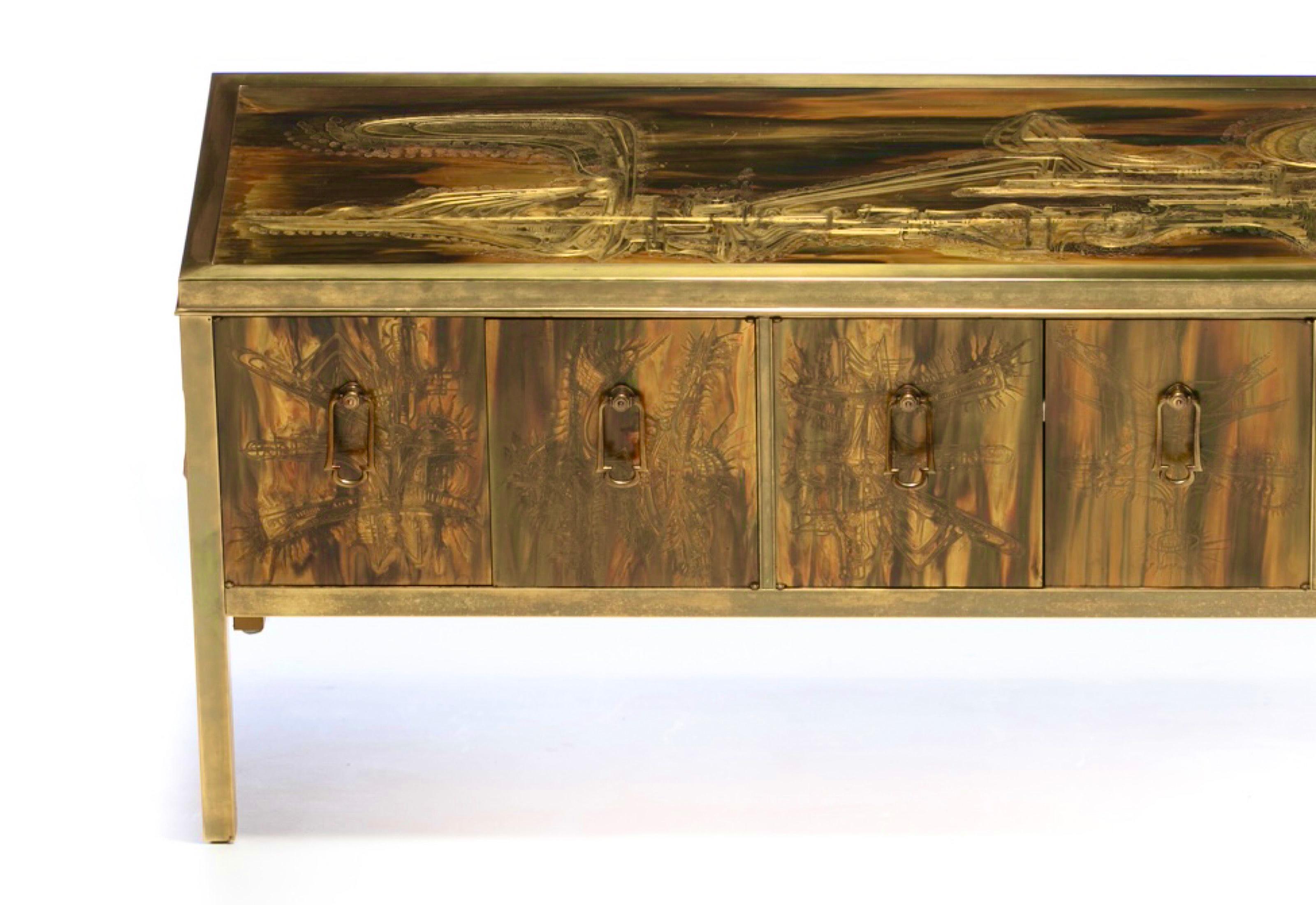Bernhard Rohne Acid Etched Brass Credenza or Console for Mastercraft, c. 1970s 7