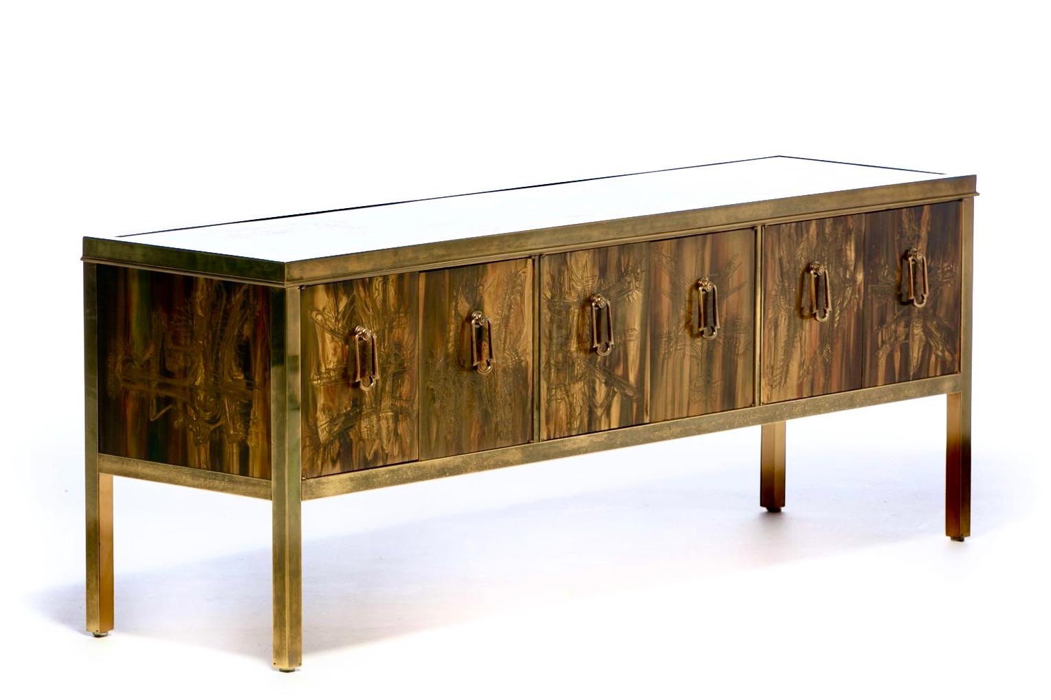 Bernhard Rohne Acid Etched Brass Credenza or Console for Mastercraft, c. 1970s 1