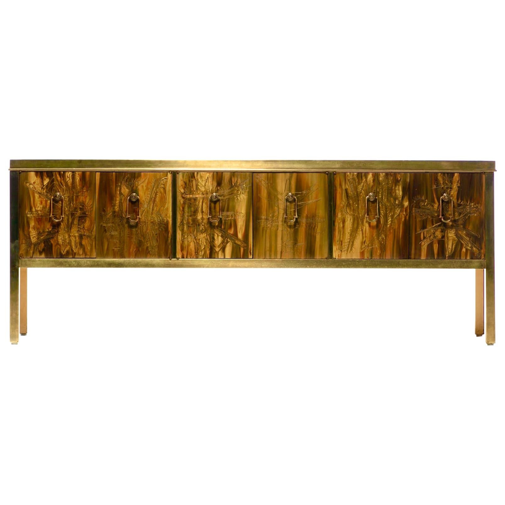 Bernhard Rohne Acid Etched Brass Credenza or Console for Mastercraft, c. 1970s