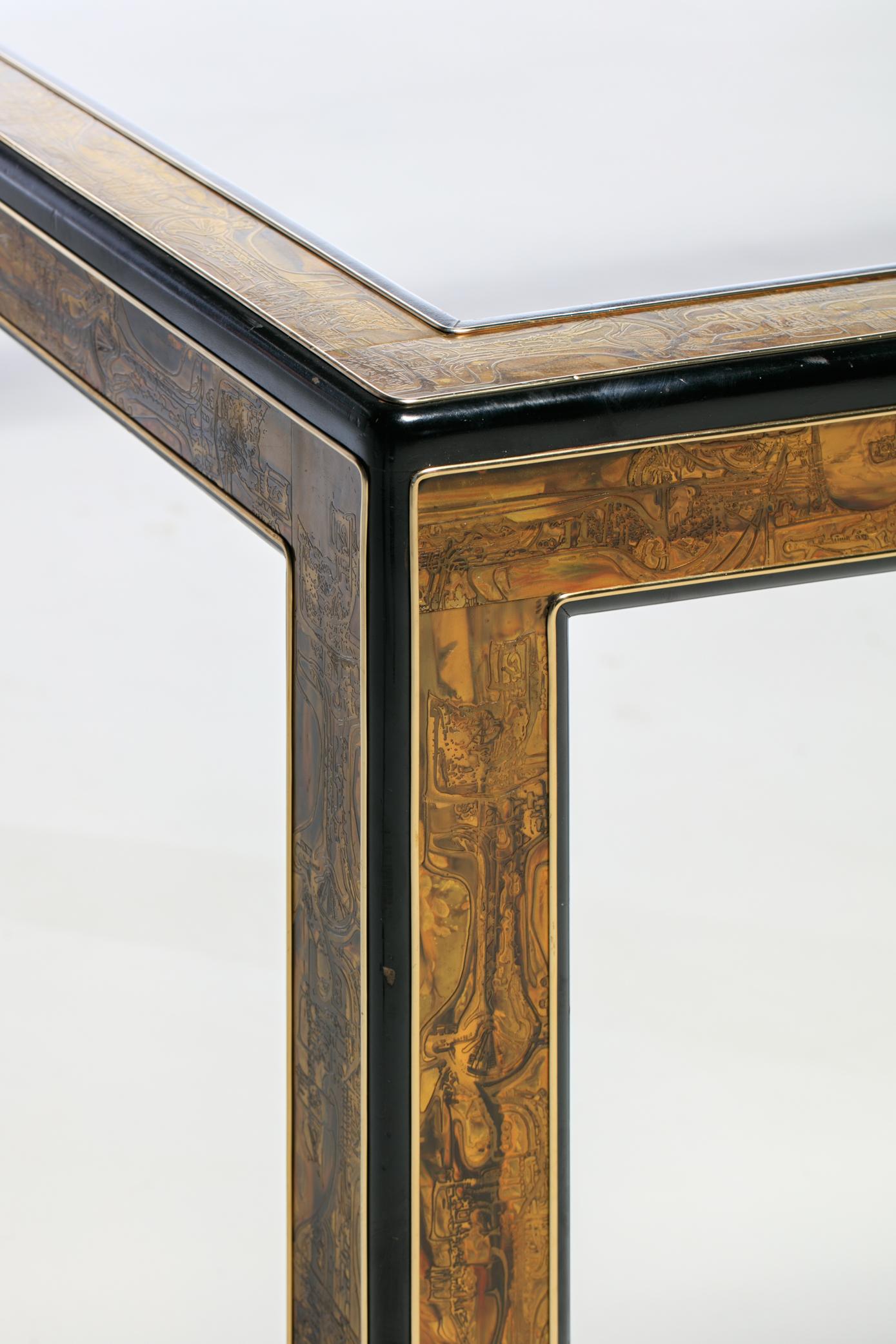 Ebonized Bernhard Rohne Acid Etched Brass and Glass Dining Table for Mastercraft