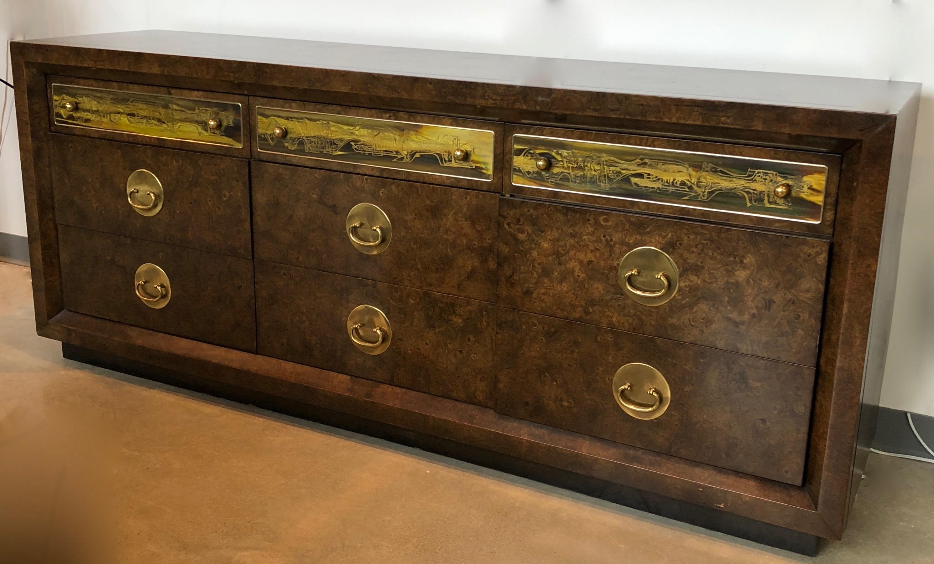 Mid-Century Modern Bernhard Rohne Burl Wood, Brass Hardware with Etched Brass Dresser / Sideboard For Sale