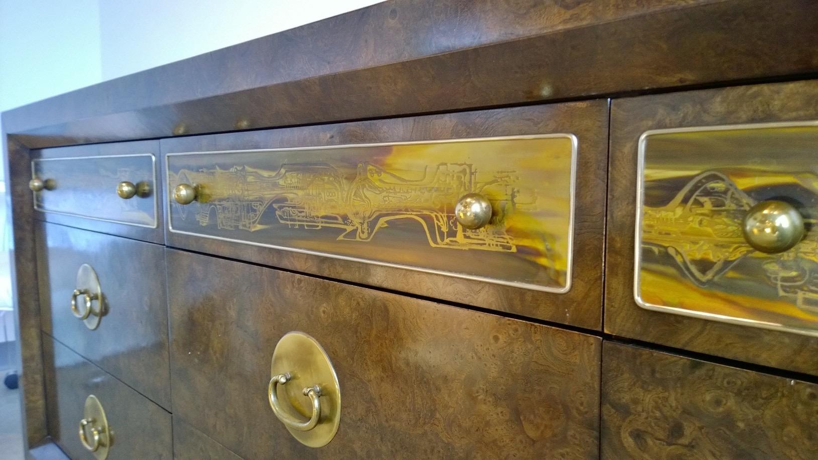 20th Century Bernhard Rohne Burl Wood, Brass Hardware with Etched Brass Dresser / Sideboard For Sale