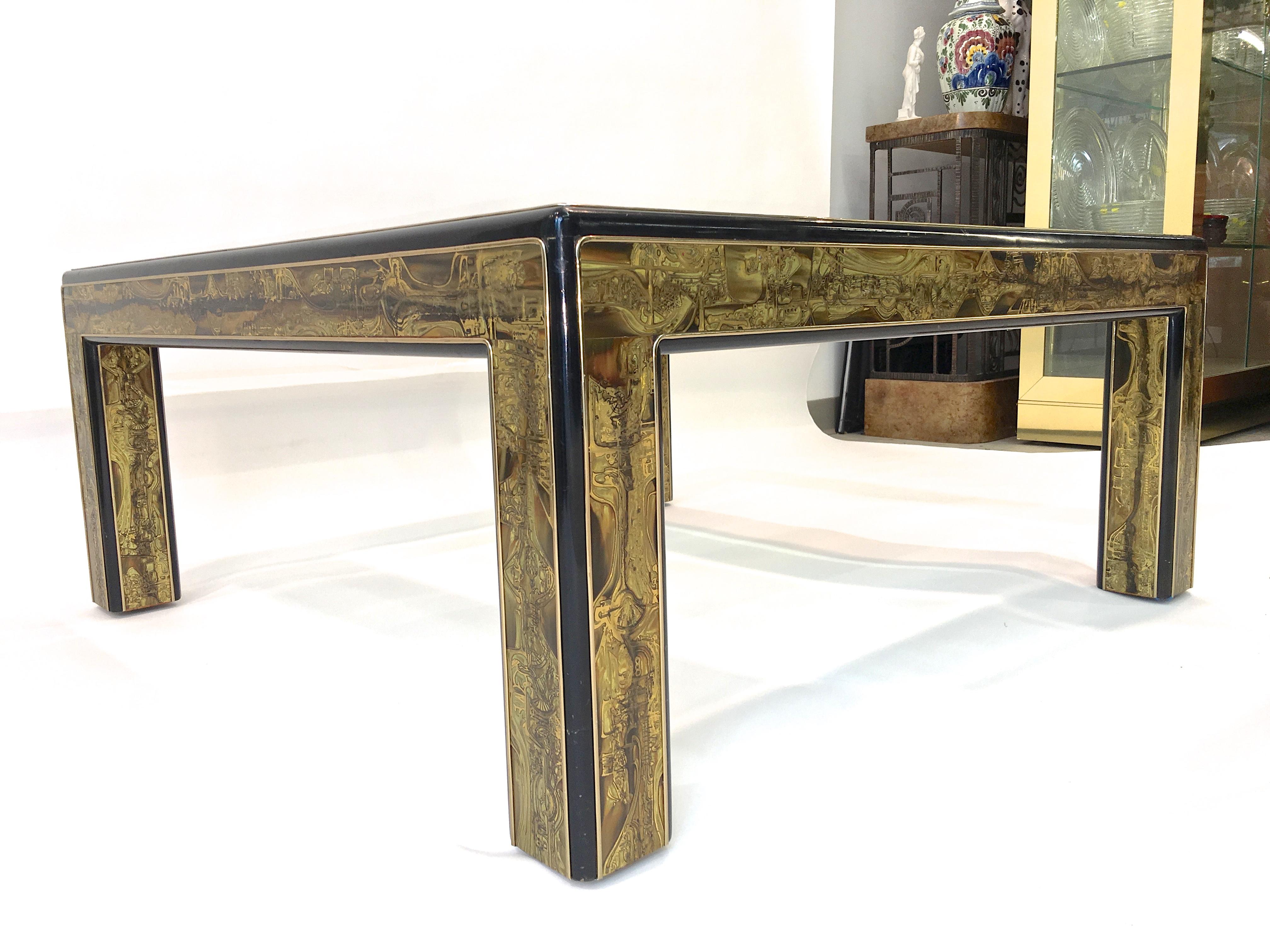 Bernhard Rohne for Mastercraft Acid Etched Brass and Ebonized Cocktail Table 3