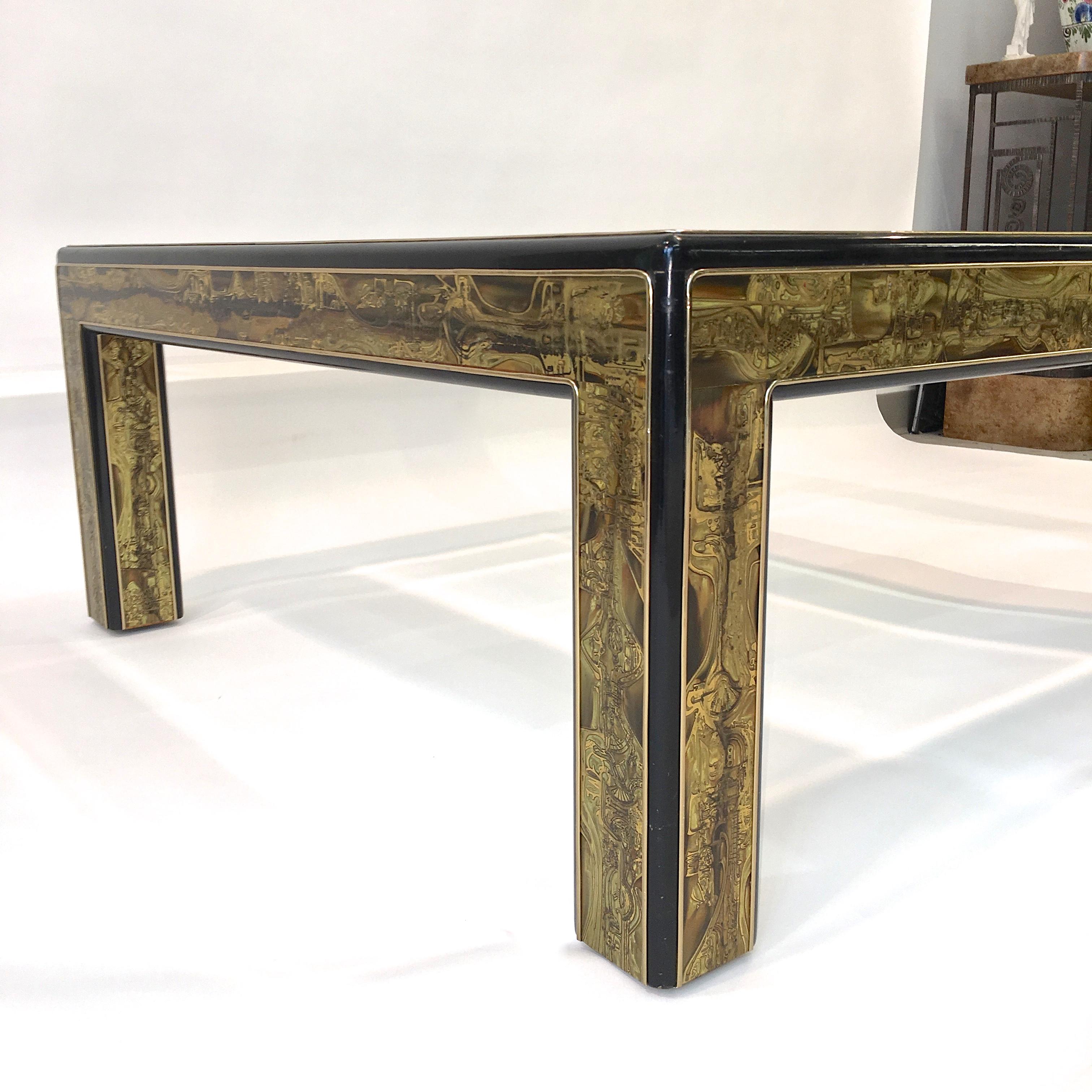 Bernhard Rohne for Mastercraft Acid Etched Brass and Ebonized Cocktail Table 9