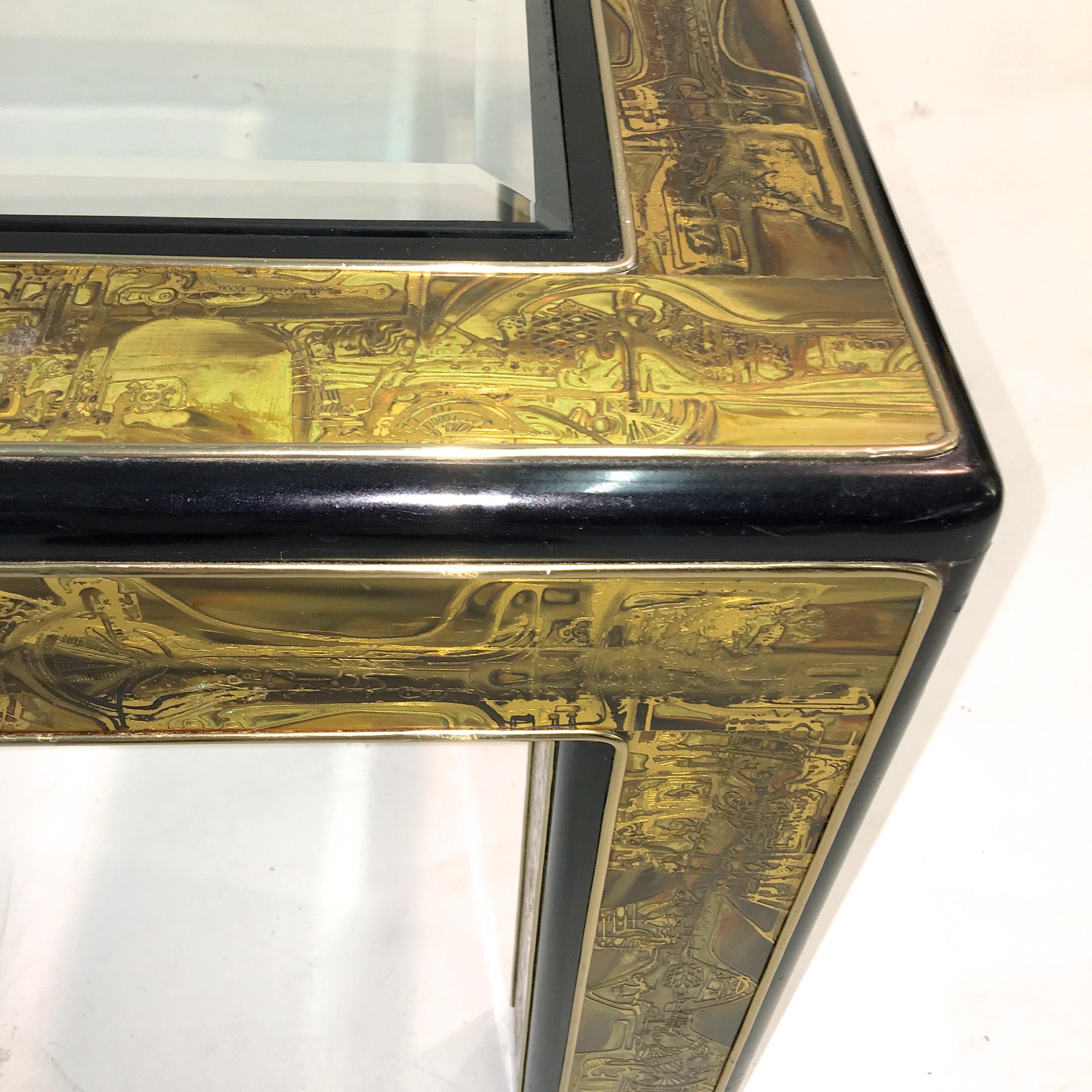 American Bernhard Rohne for Mastercraft Acid Etched Brass and Ebonized Cocktail Table