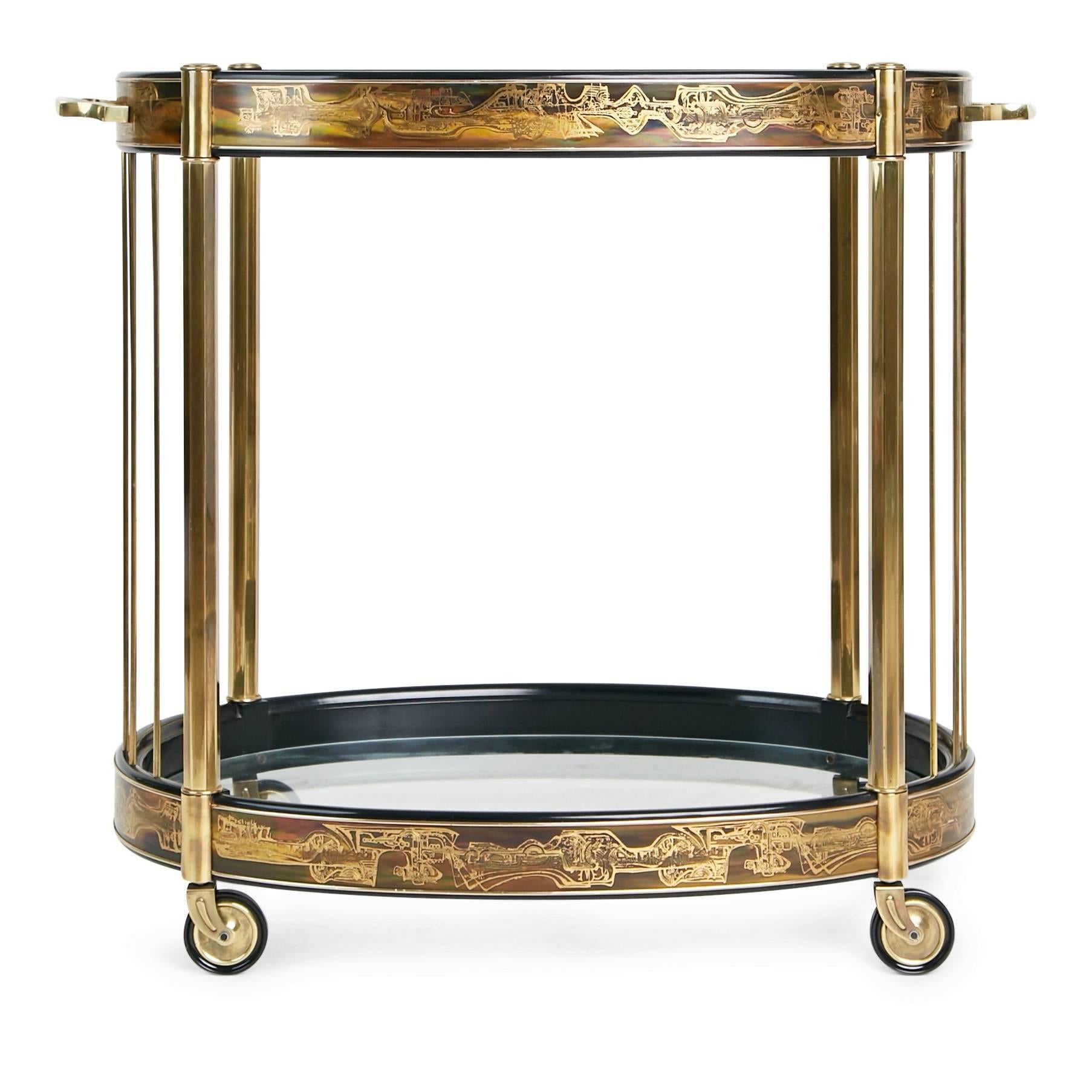 Mid-Century Modern Bernhard Rohne for Mastercraft Acid Etched Brass and Glass Bar Cart, circa 1970