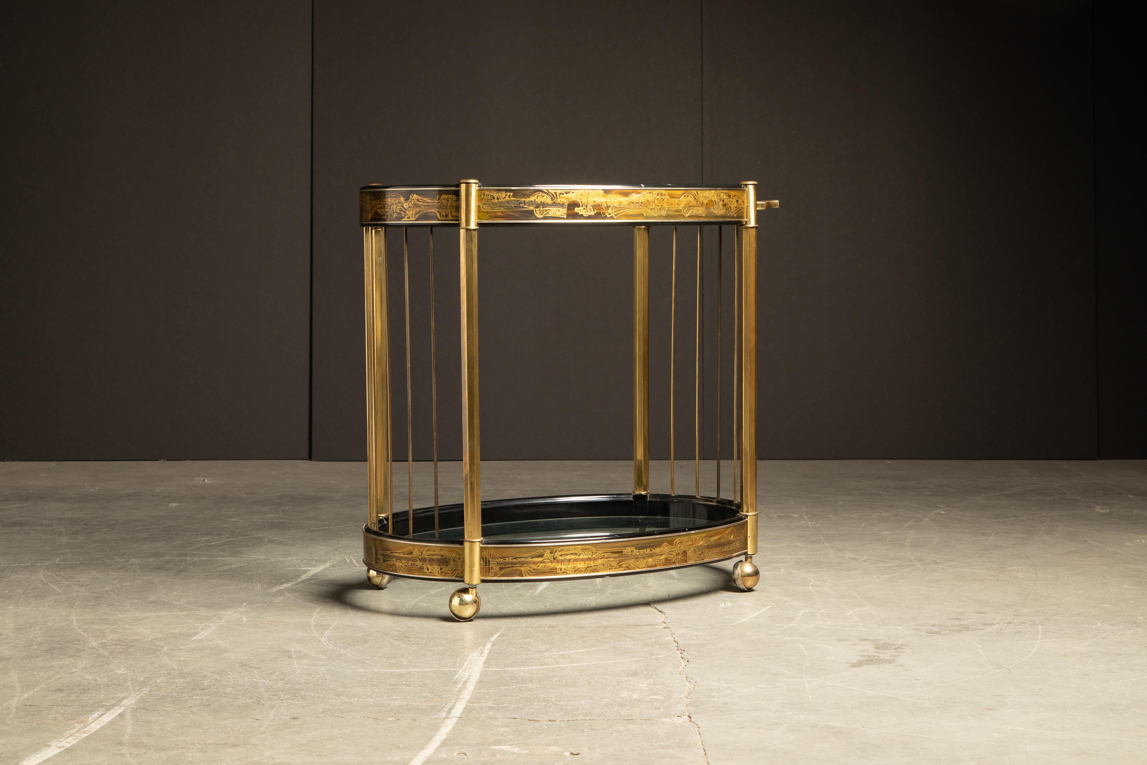 Bernhard Rohne for Mastercraft Acid Etched Brass and Glass Bar Cart, circa 1970 In Good Condition In Los Angeles, CA