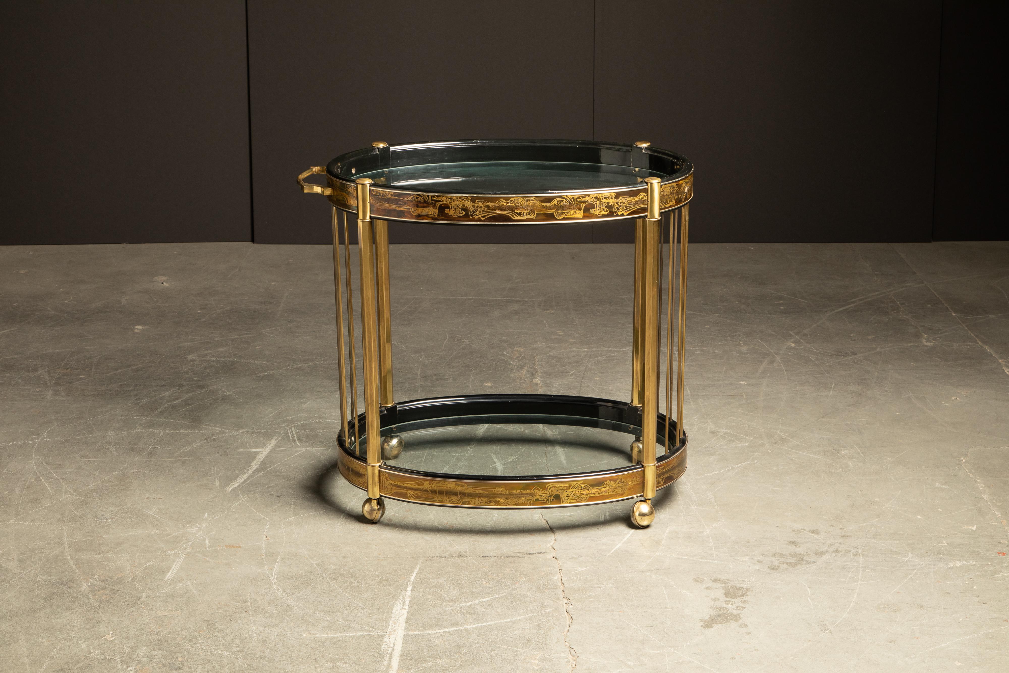 Late 20th Century Bernhard Rohne for Mastercraft Acid Etched Brass and Glass Bar Cart, circa 1970