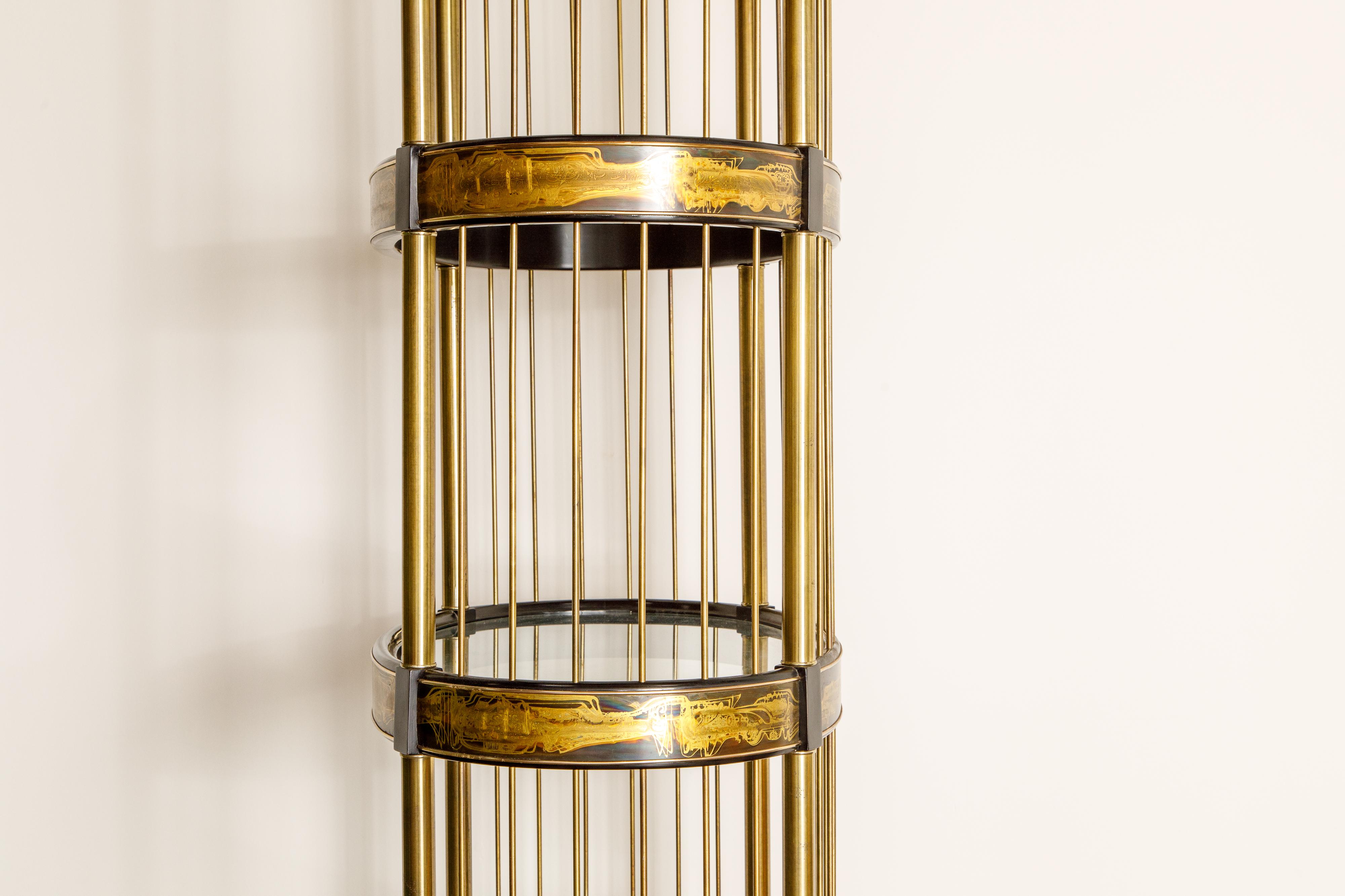 Bernhard Rohne for Mastercraft Acid Etched Brass and Glass Étagère, circa 1970 12