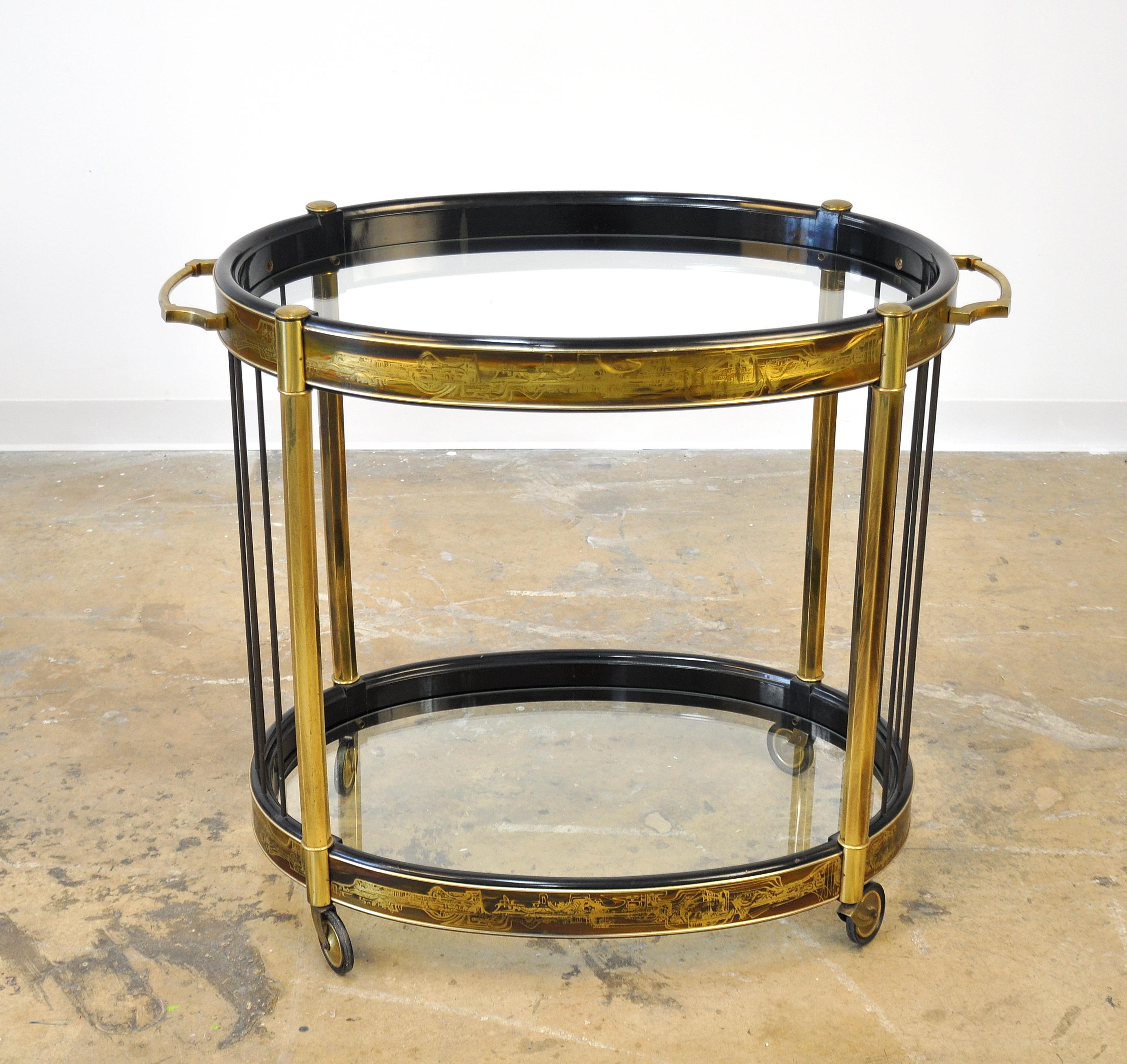 Glass Bernhard Rohne for Mastercraft Acid Etched Brass Bar Cart