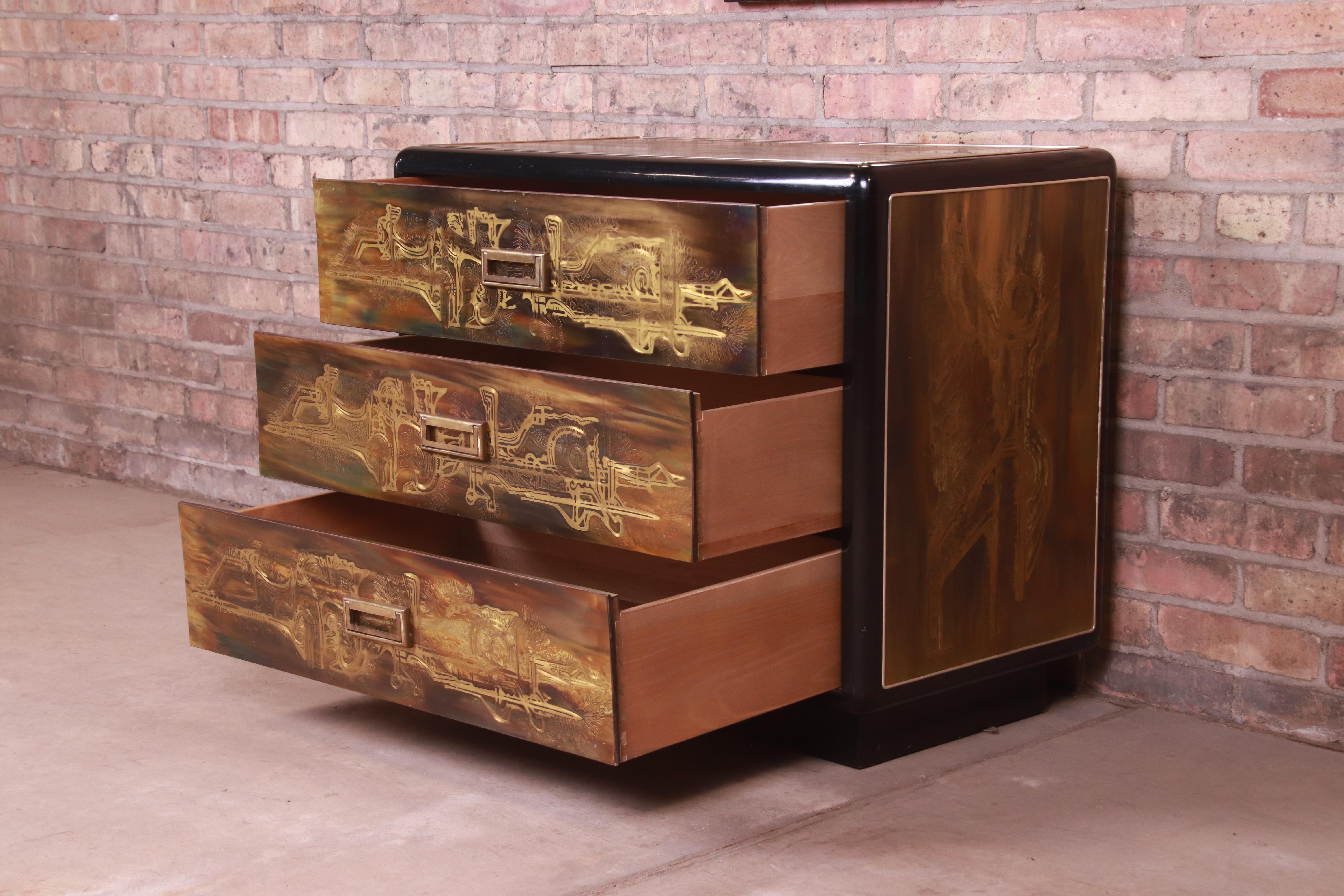 Bernhard Rohne for Mastercraft Acid Etched Brass Chest of Drawers and Mirror For Sale 5