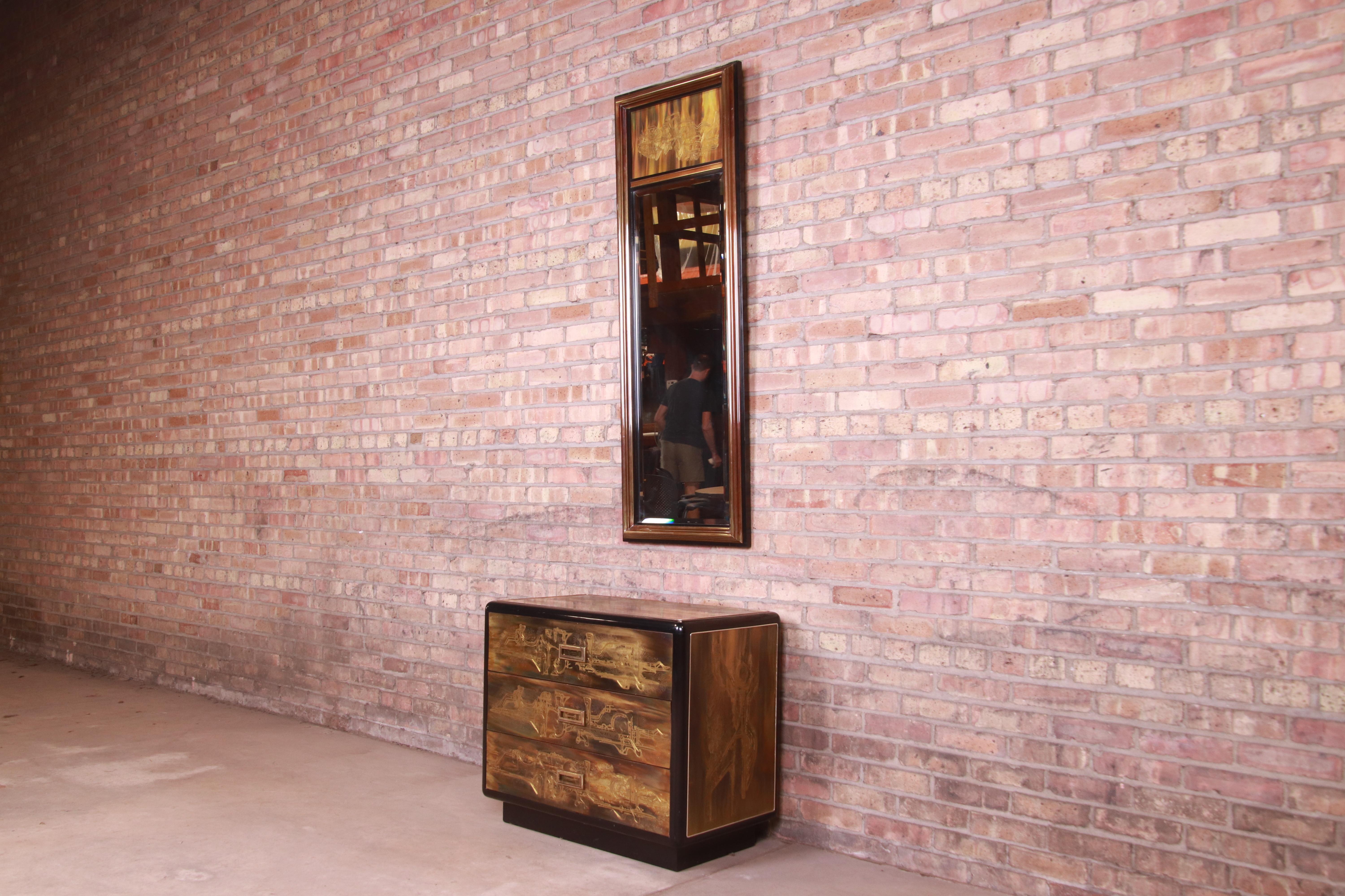 American Bernhard Rohne for Mastercraft Acid Etched Brass Chest of Drawers and Mirror For Sale