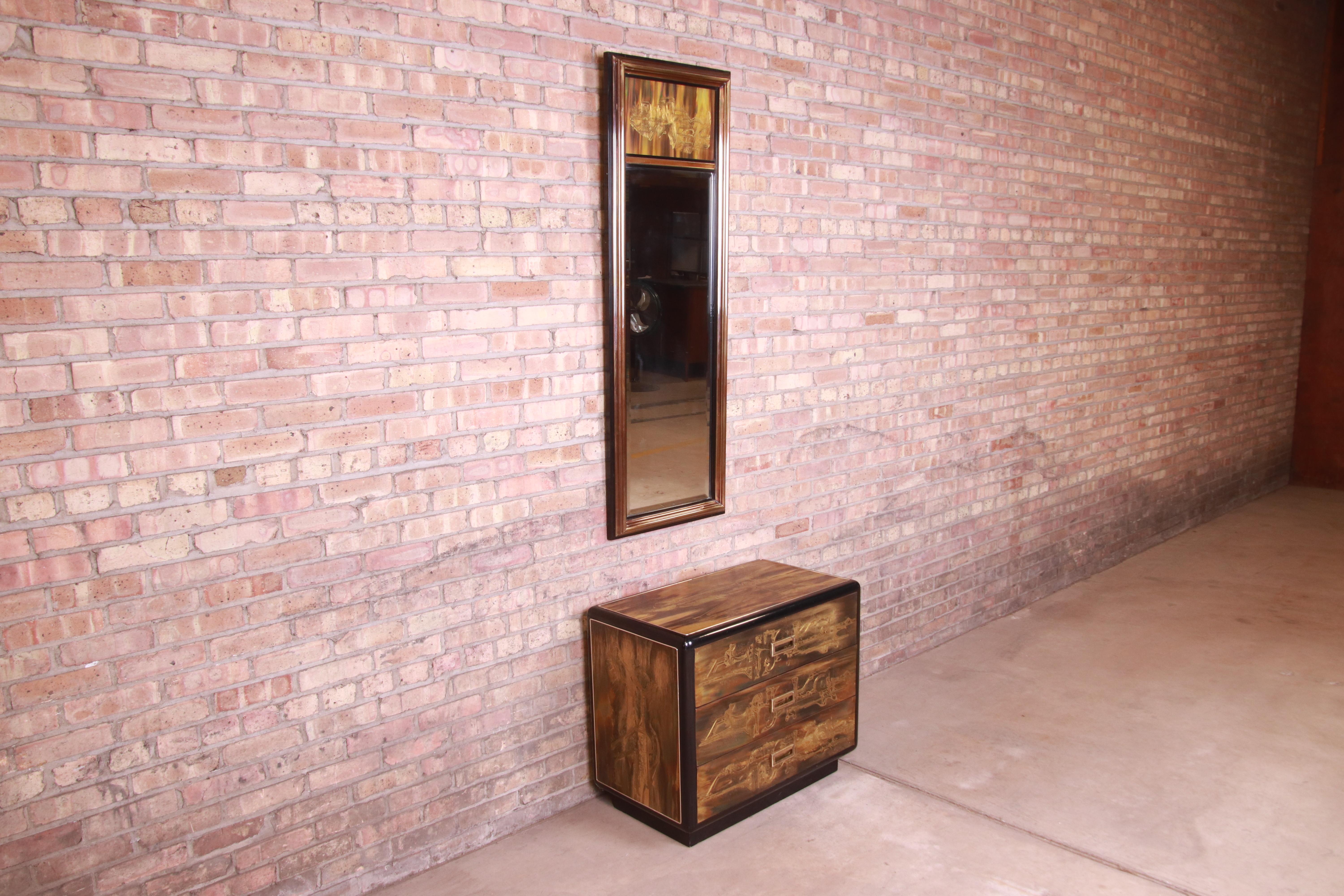 Bernhard Rohne for Mastercraft Acid Etched Brass Chest of Drawers and Mirror In Good Condition For Sale In South Bend, IN