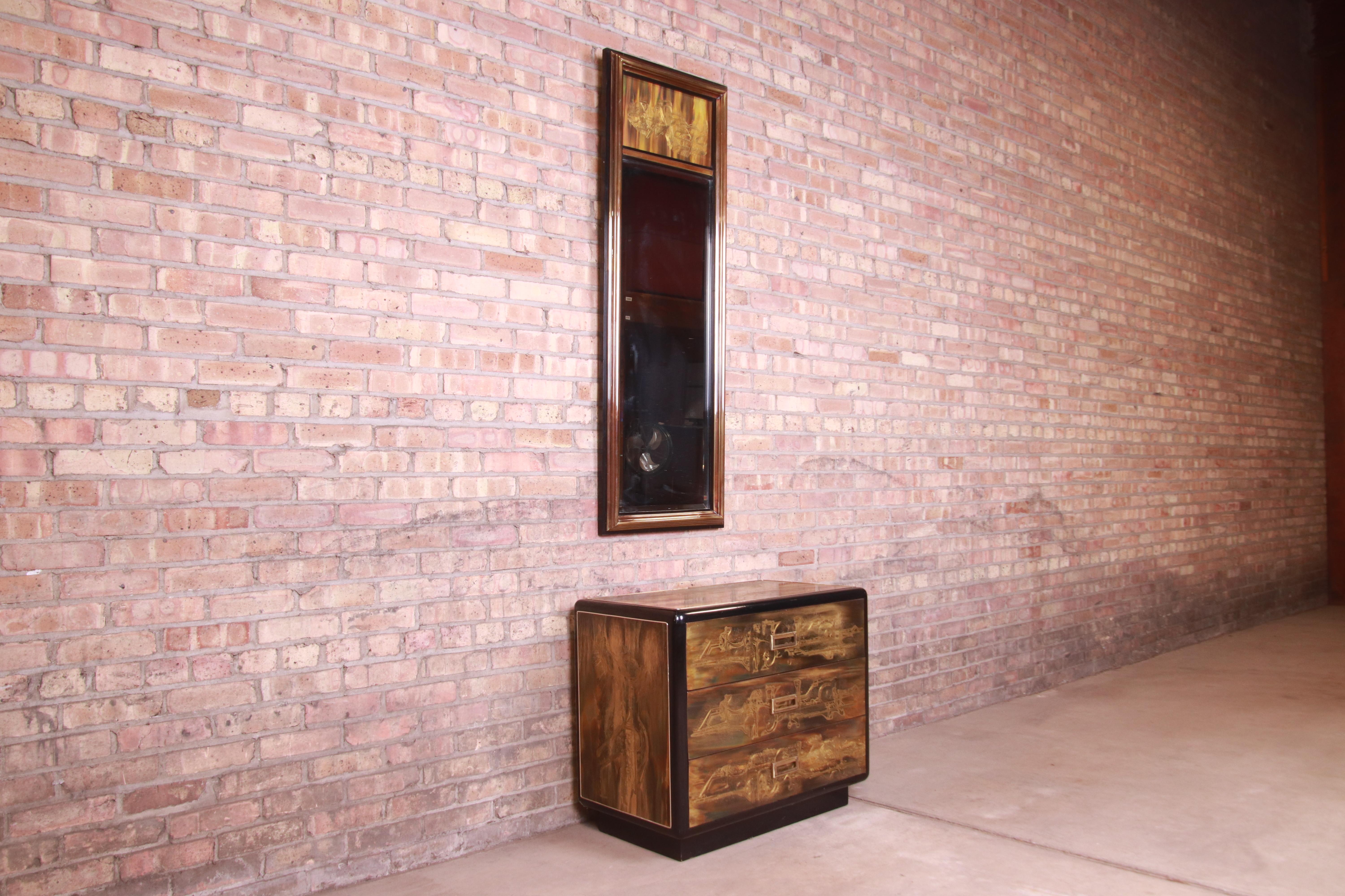 Late 20th Century Bernhard Rohne for Mastercraft Acid Etched Brass Chest of Drawers and Mirror For Sale