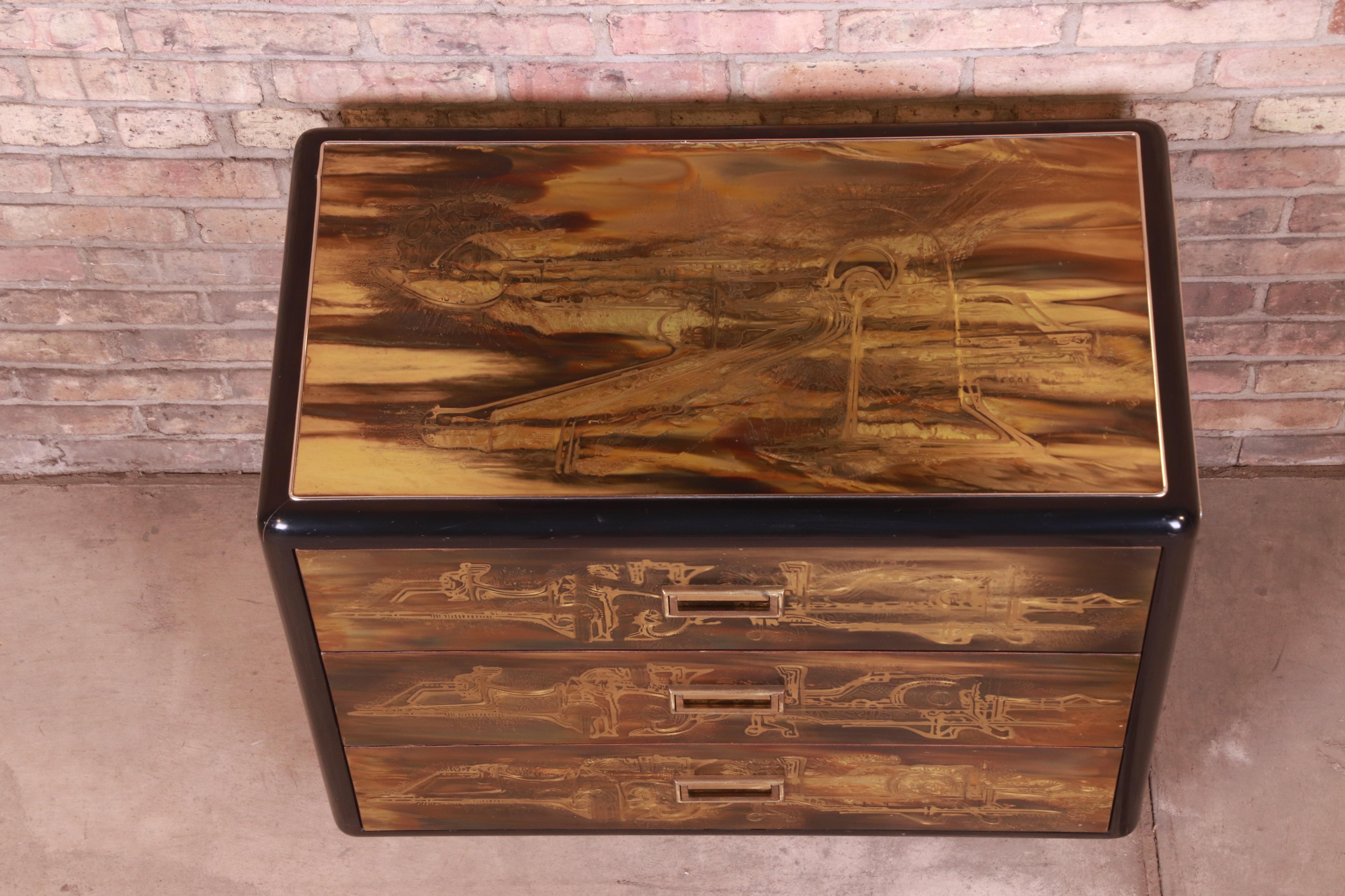 Bernhard Rohne for Mastercraft Acid Etched Brass Chest of Drawers and Mirror For Sale 3