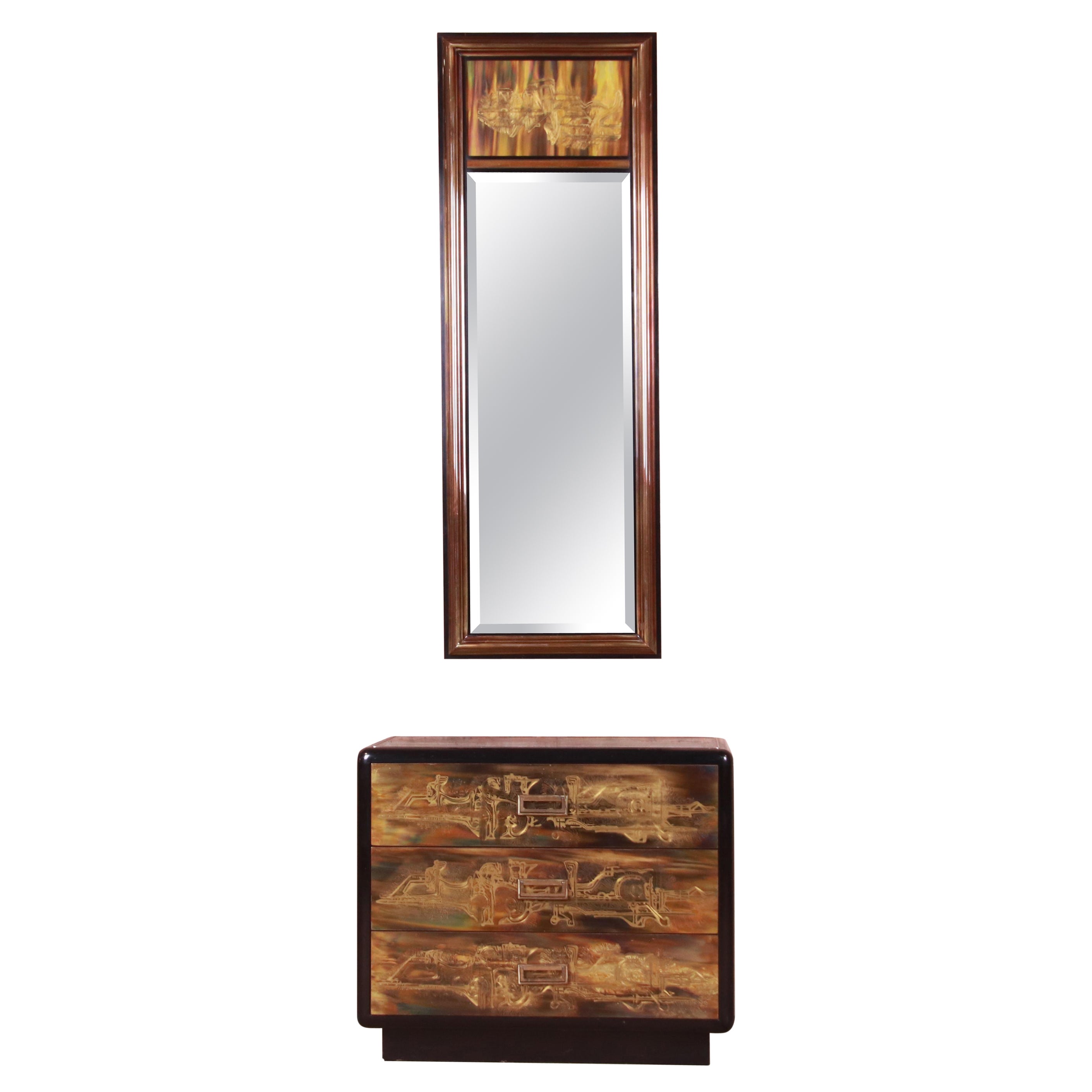 Bernhard Rohne for Mastercraft Acid Etched Brass Chest of Drawers and Mirror