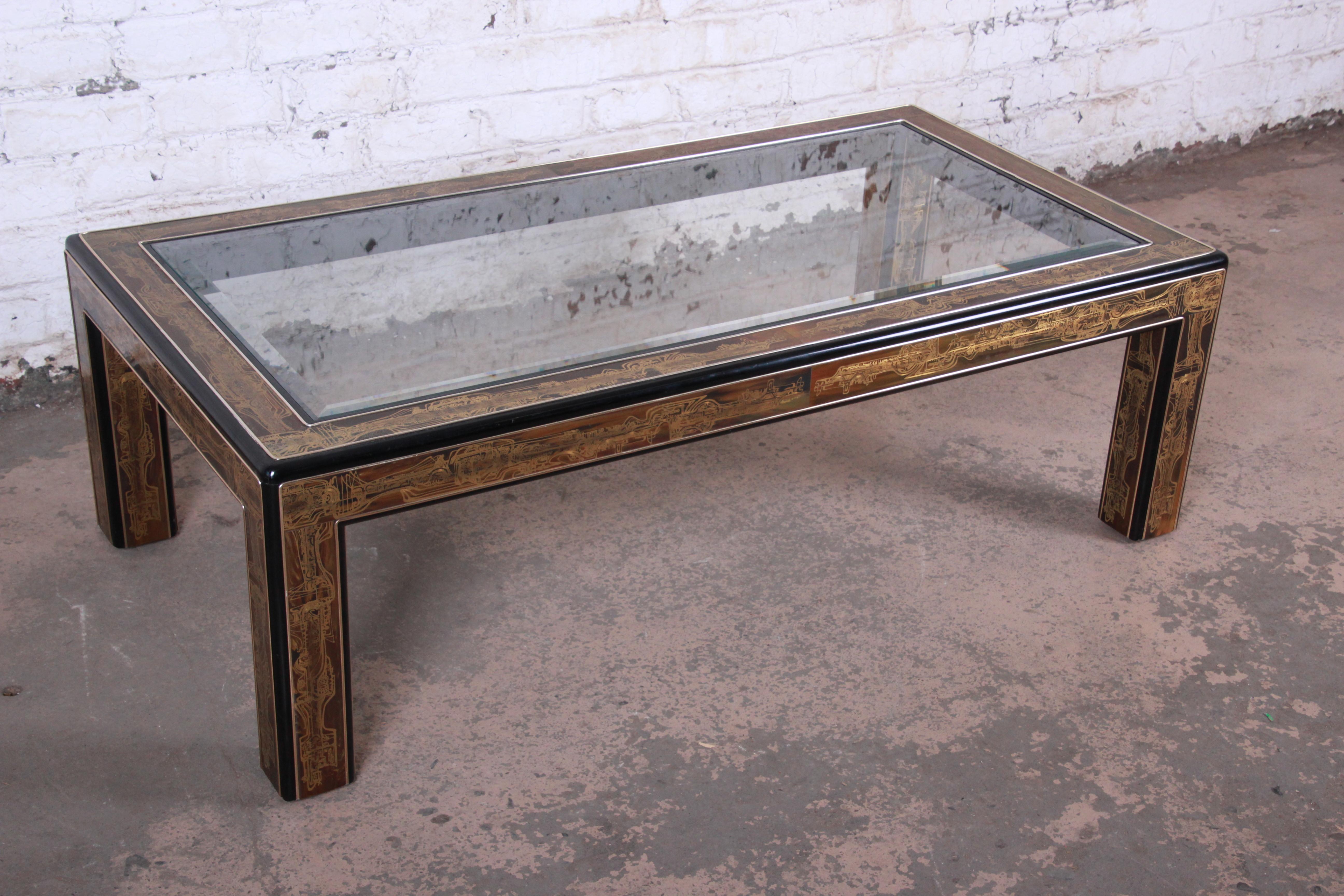 Beveled Bernhard Rohne for Mastercraft Acid Etched Brass Coffee Table, 1970s