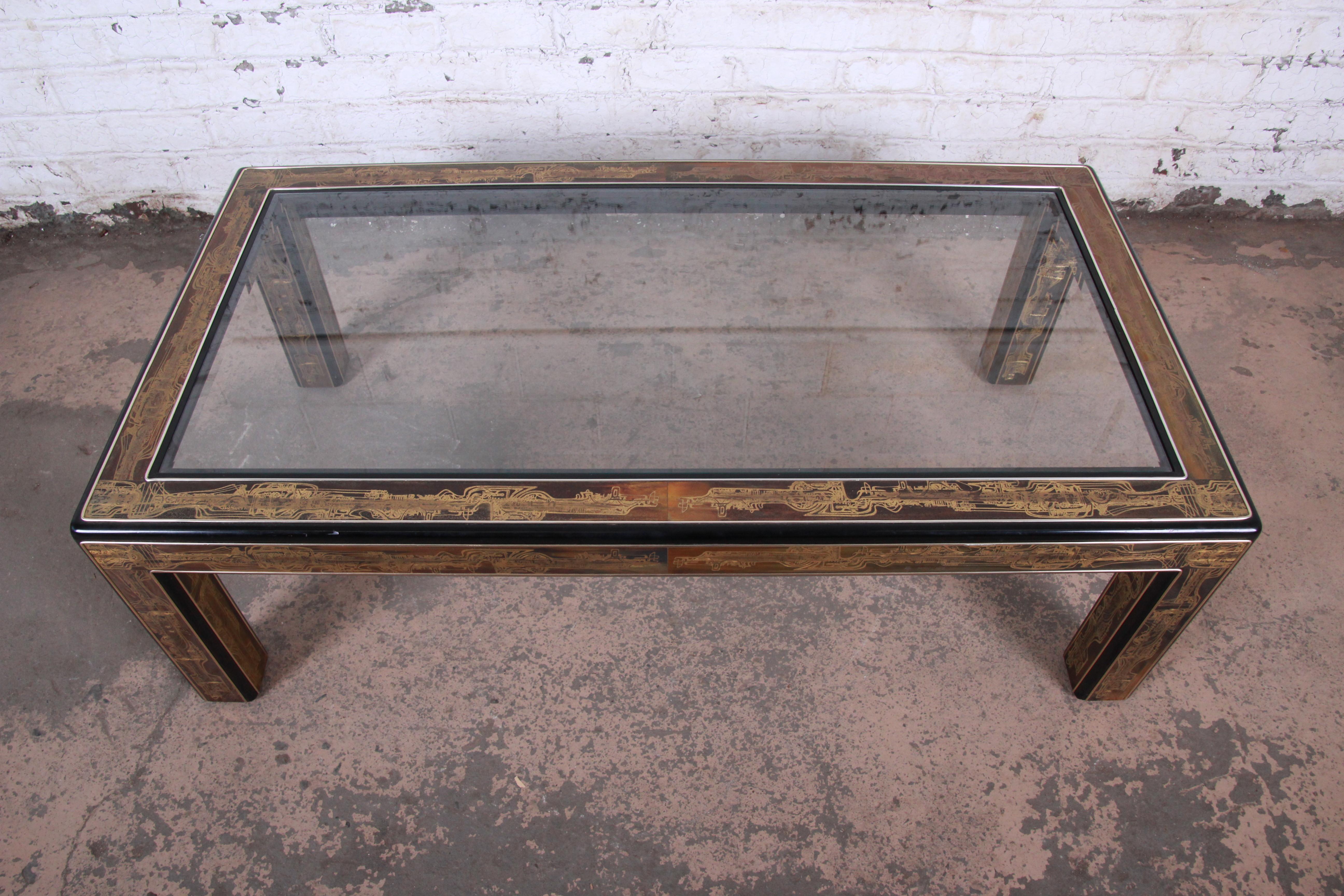 Late 20th Century Bernhard Rohne for Mastercraft Acid Etched Brass Coffee Table, 1970s
