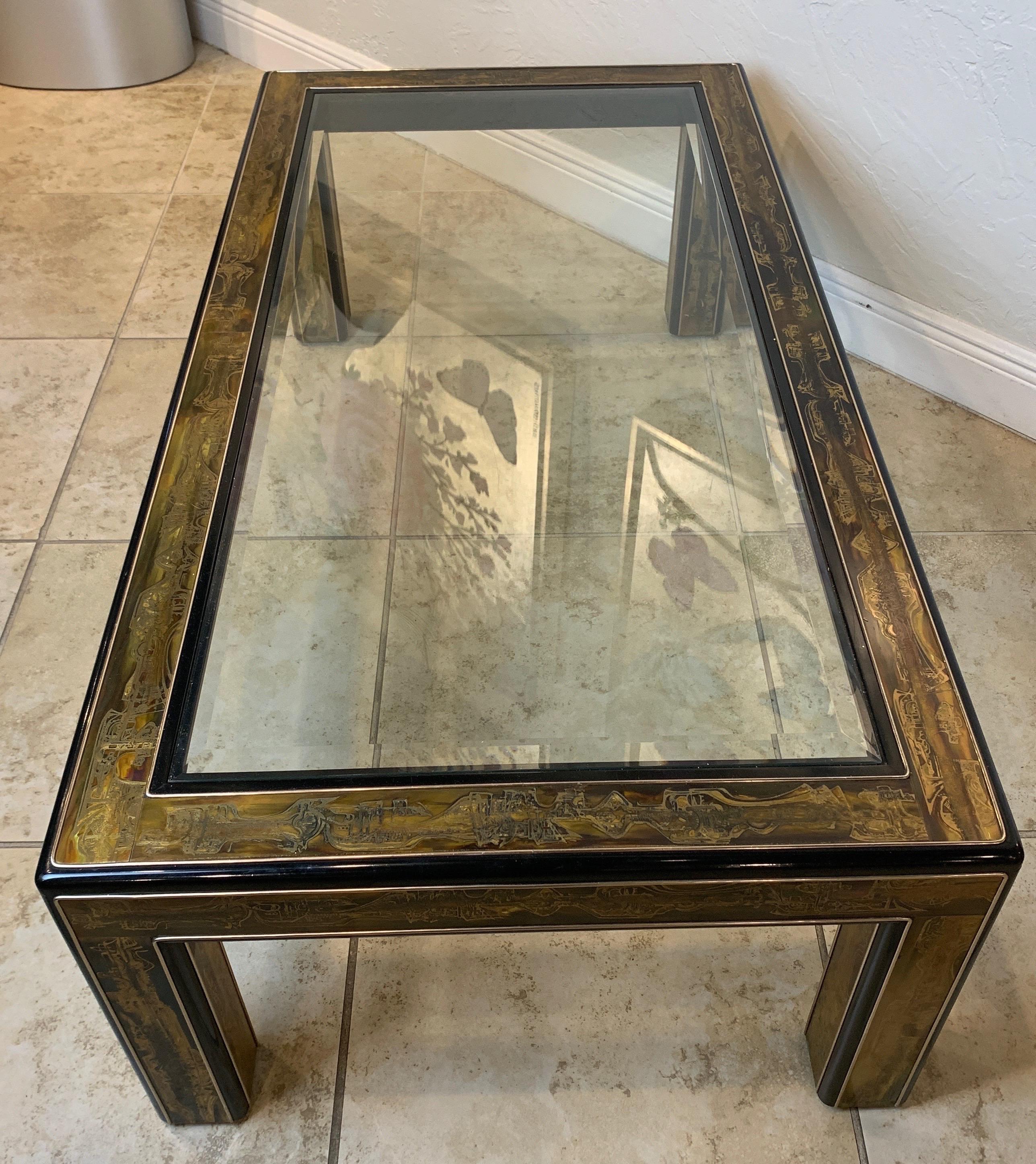 Bernhard Rohne for Mastercraft acid etched brass coffee table. Glass sits in the top.