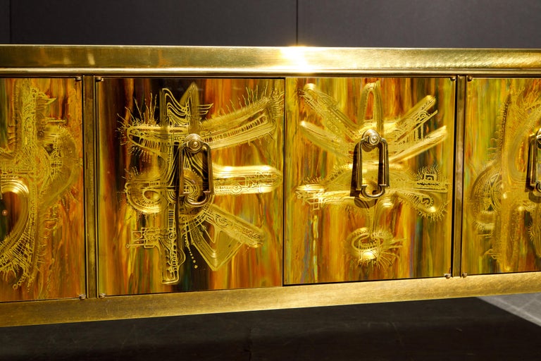Bernhard Rohne for Mastercraft Acid Etched Brass Console Cabinet, 1970s 13