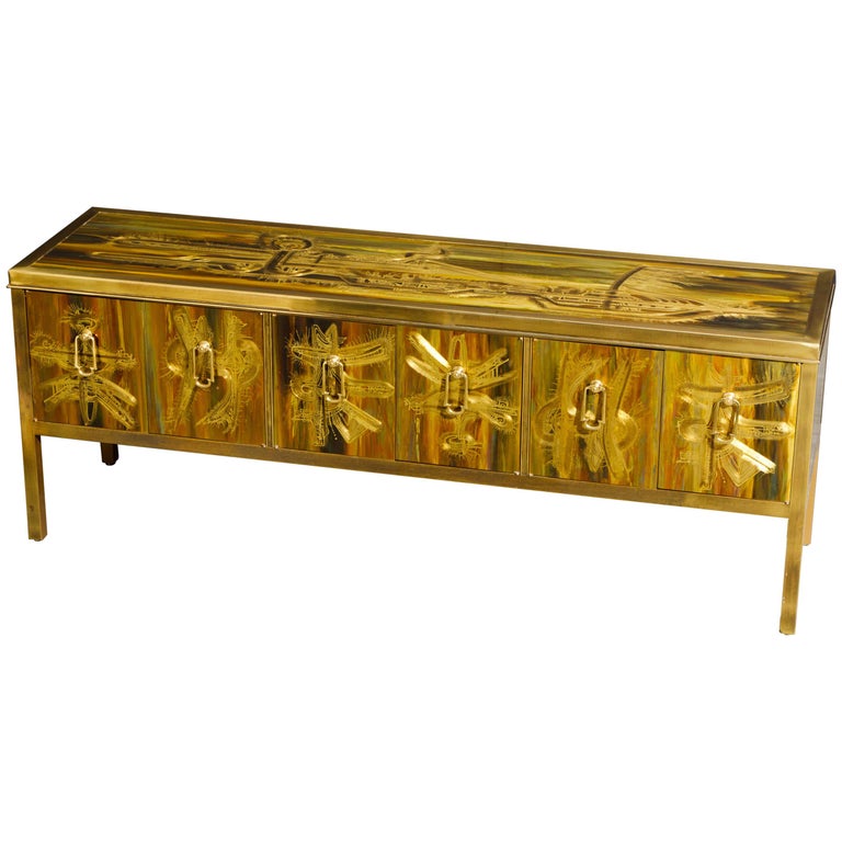 Bernhard Rohne for Mastercraft Acid Etched Brass Console Cabinet, 1970s