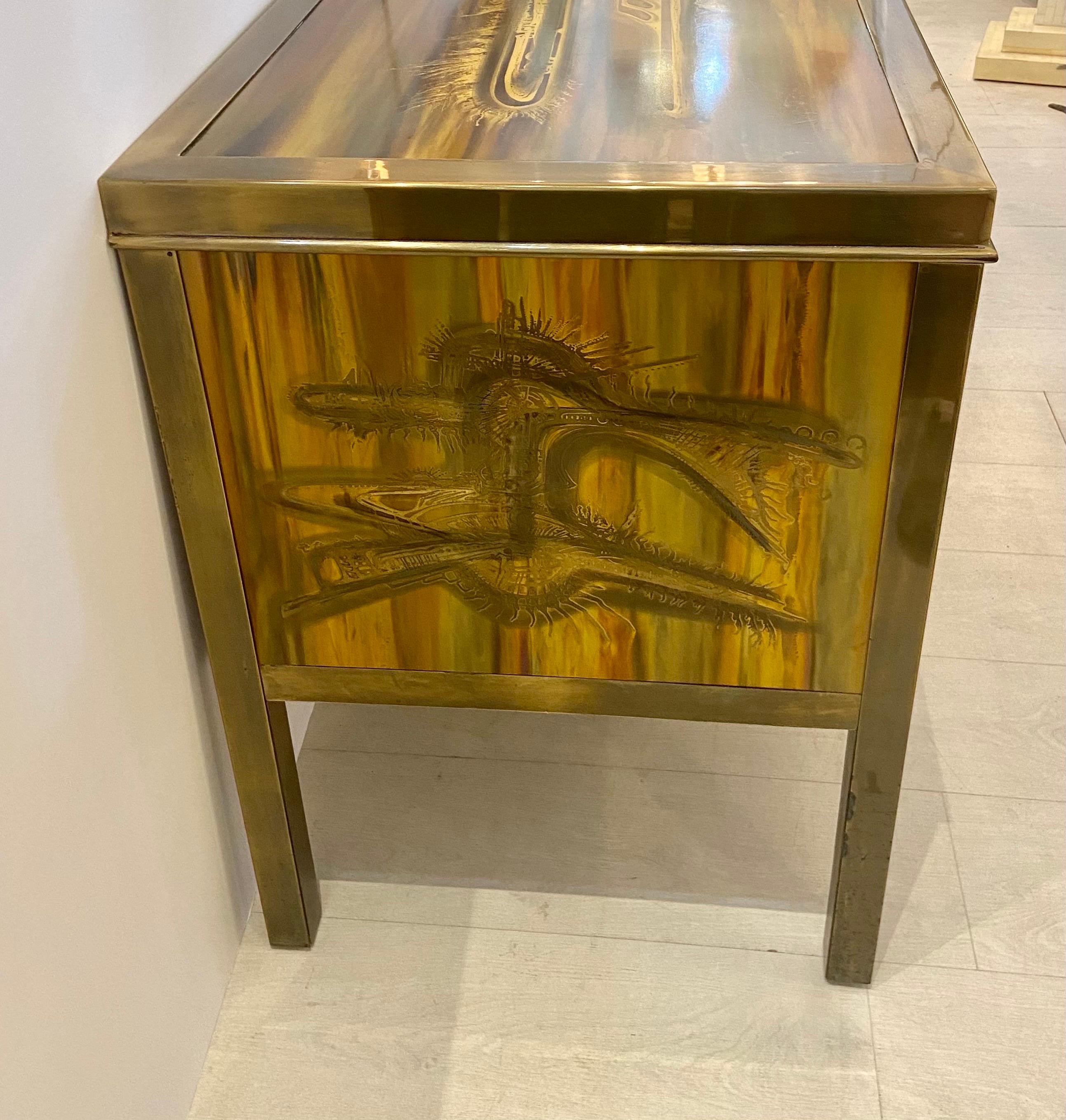 American Bernhard Rohne for Mastercraft Acid Etched Brass Credenza, circa 1970s